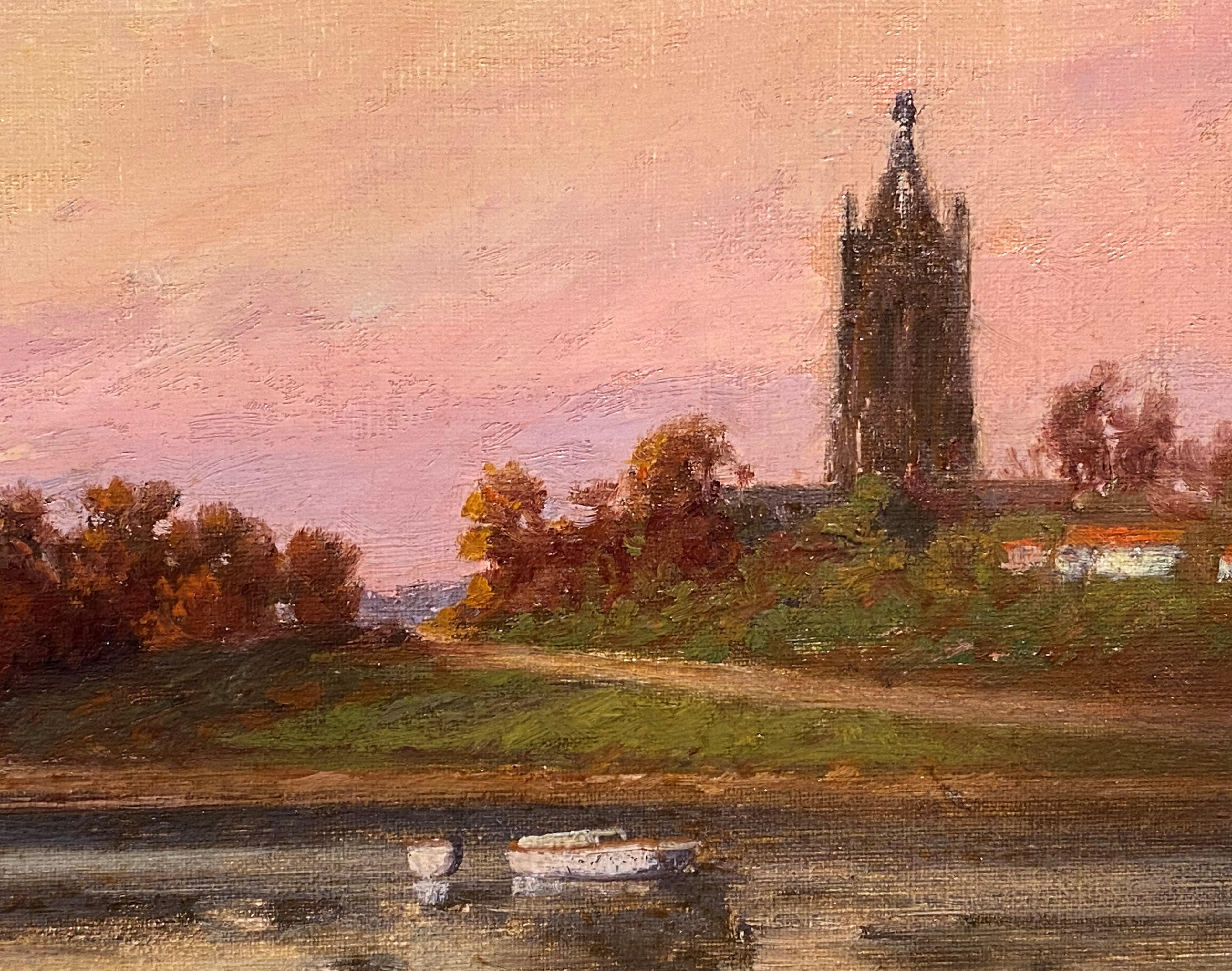 Une belle peinture à l'huile impressionniste d'un paysage de la région de Boston, Massachusetts, réalisée par l'artiste américain C. Myron Clark (1858-1925). Clark était un peintre actif du Massachusetts, connu pour ses portraits de bateaux et ses