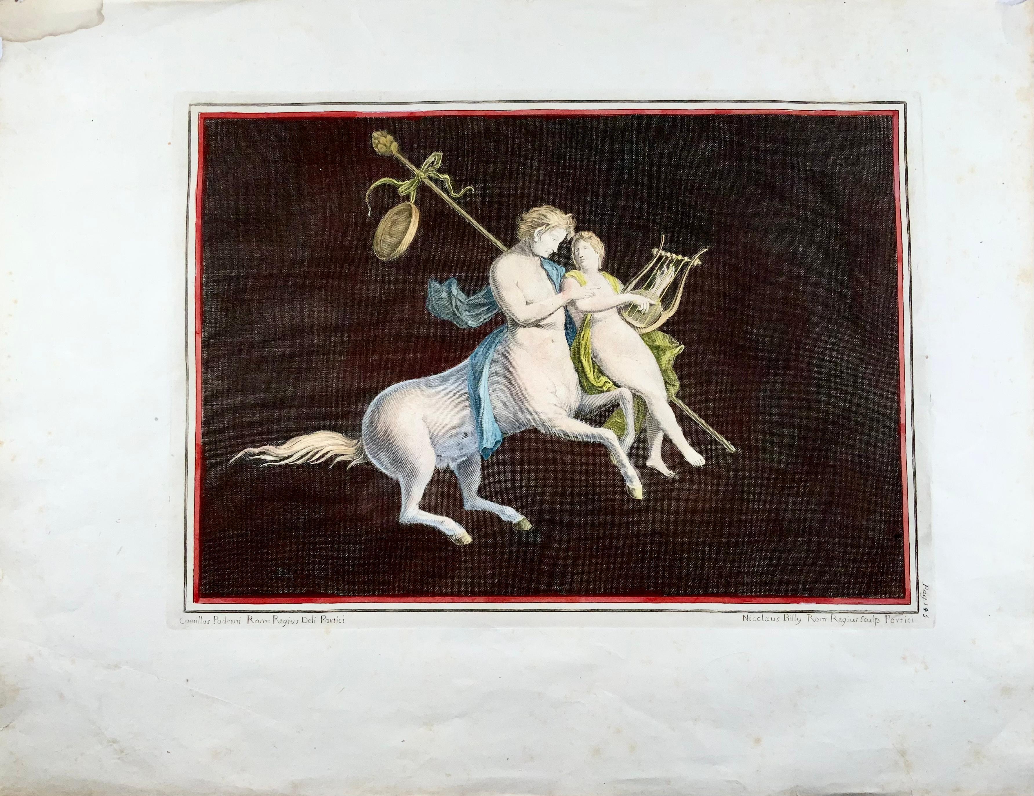 Mythology: Centeur, Youth with Lyre - Fresco from the discoveries at Herculaneum.

Overall 49 x 37 cm copper engraving in later hand colour.

Issued from the work 