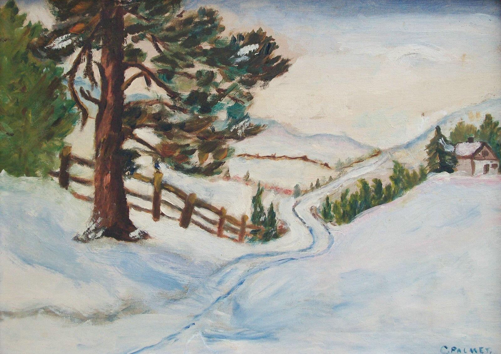 C. PALMER - Peinture à l'huile de style impressionniste sur panneau représentant un paysage d'hiver - signée en bas à droite - cadre ancien - étiquette de la galerie au verso - Canada - début du 20e siècle.

Etat moyen - la peinture n'a pas été vue