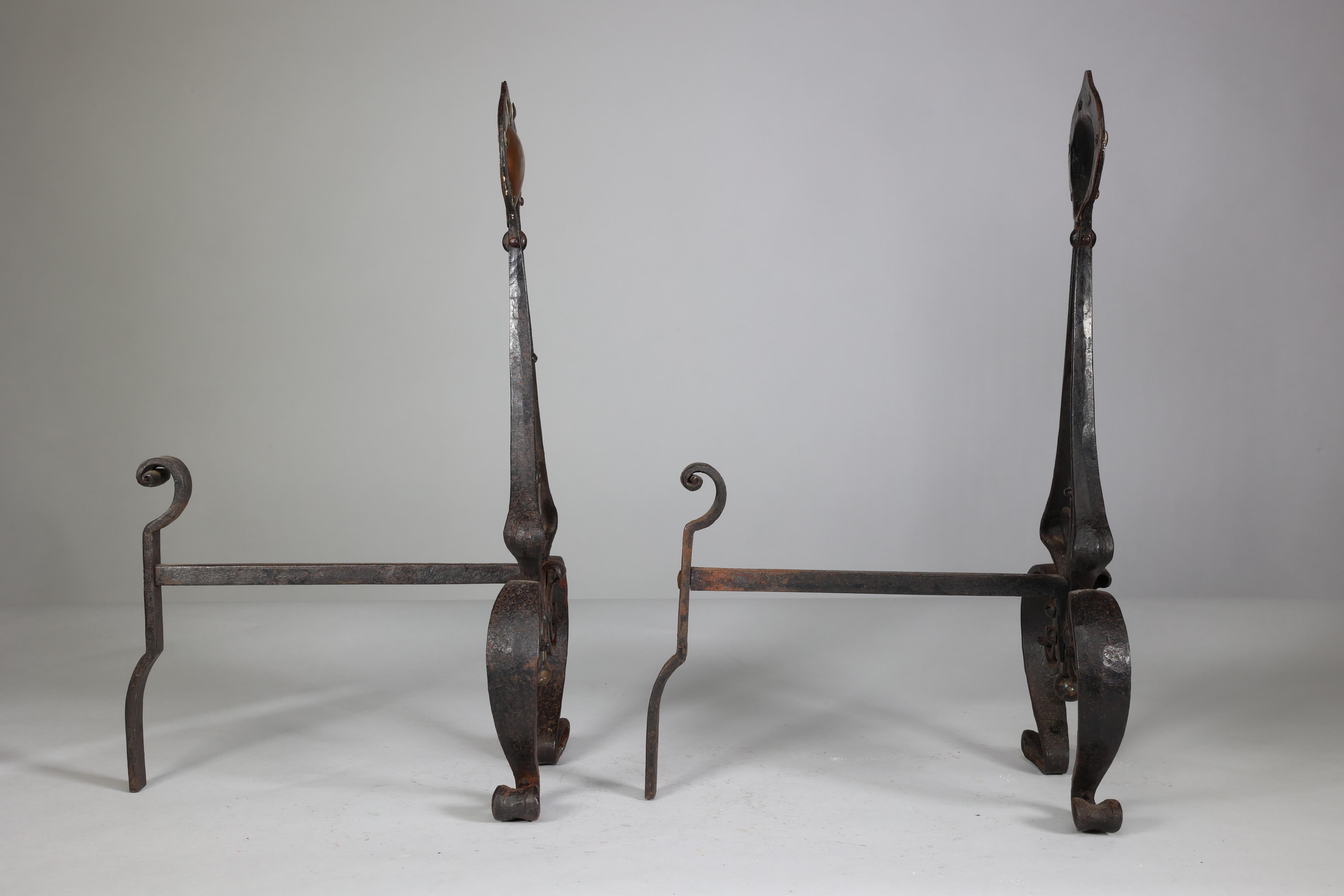 C R Ashbee An early pair of Arts & Crafts hand wrought iron & copper fire dogs. For Sale 1