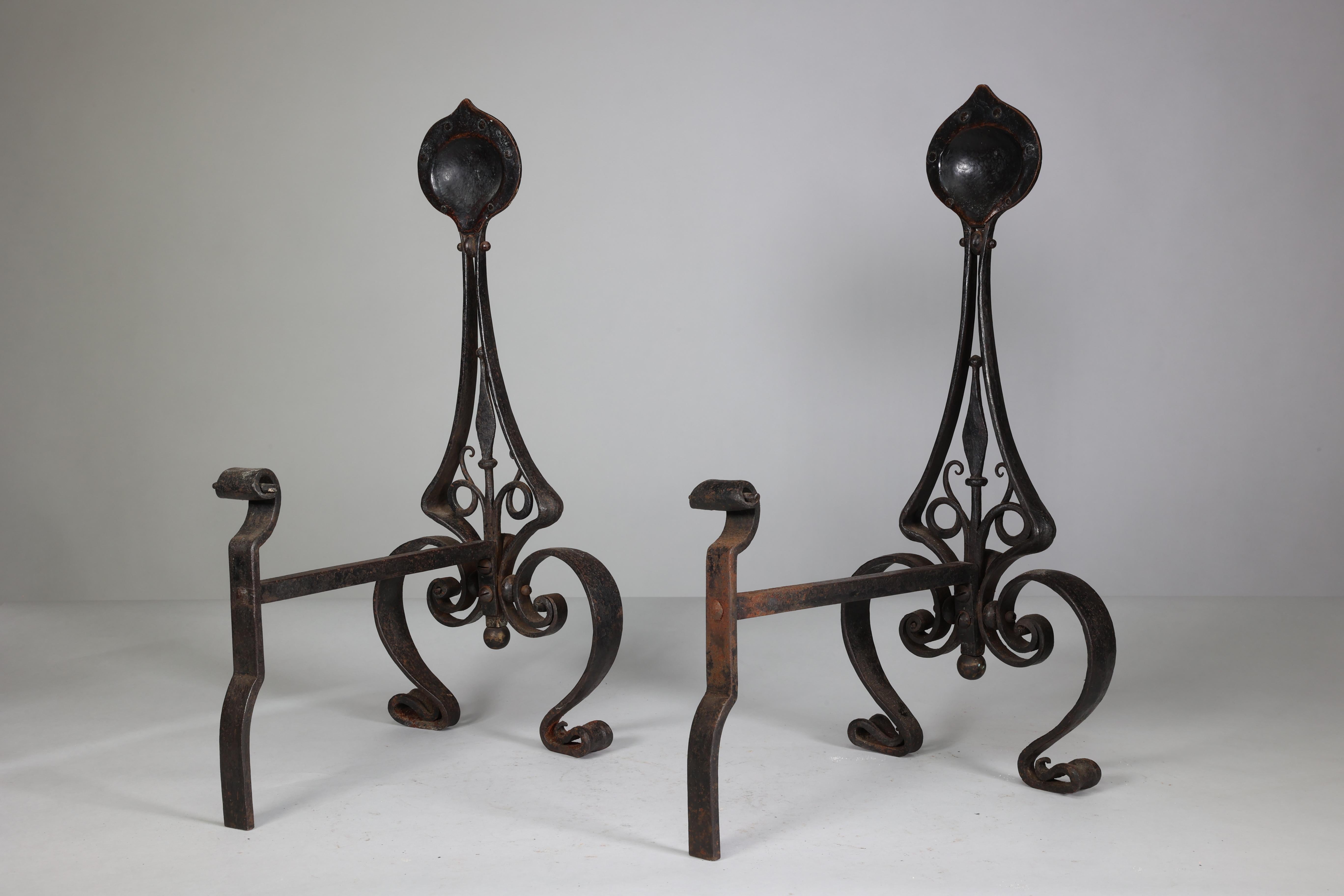 C R Ashbee An early pair of Arts & Crafts hand wrought iron & copper fire dogs. In Good Condition For Sale In London, GB