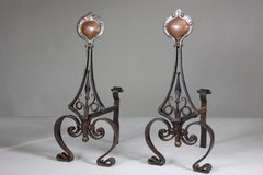 C R Ashbee An early pair of Arts & Crafts hand wrought iron & copper fire dogs.