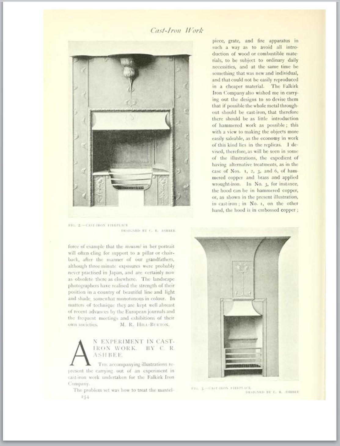 Rare cast iron Arts & Crafts  fireplace insert or grate designed by  Charles Robert Ashbees and cast at the Falkirk Iron Co. In 1897 Ashbee produced six fireplace designs for the Falkirk Iron Company which were featured in his article 