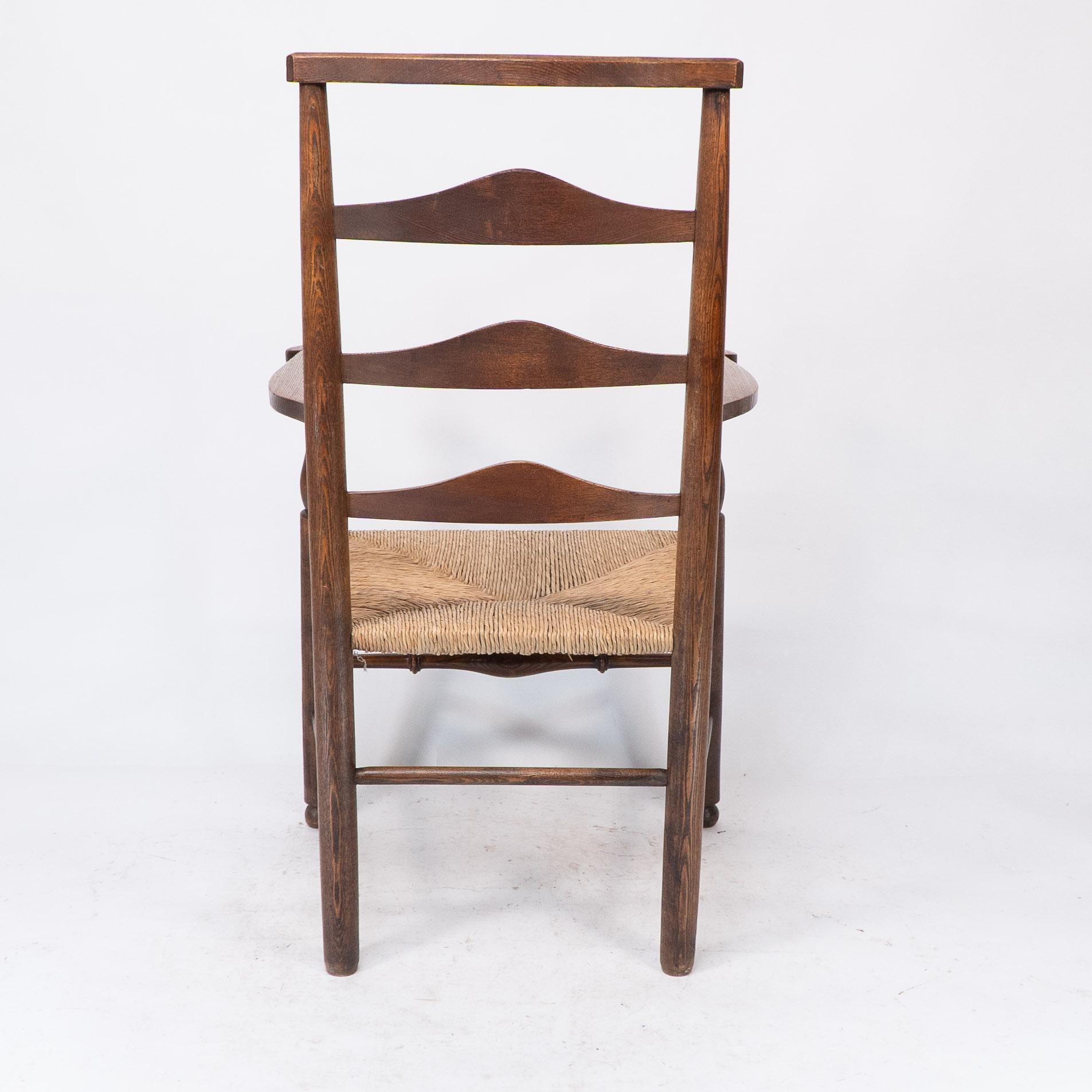 C R Ashbee attr. An Arts & Crafts oak ladder back armchair with re-rushed seat For Sale 10