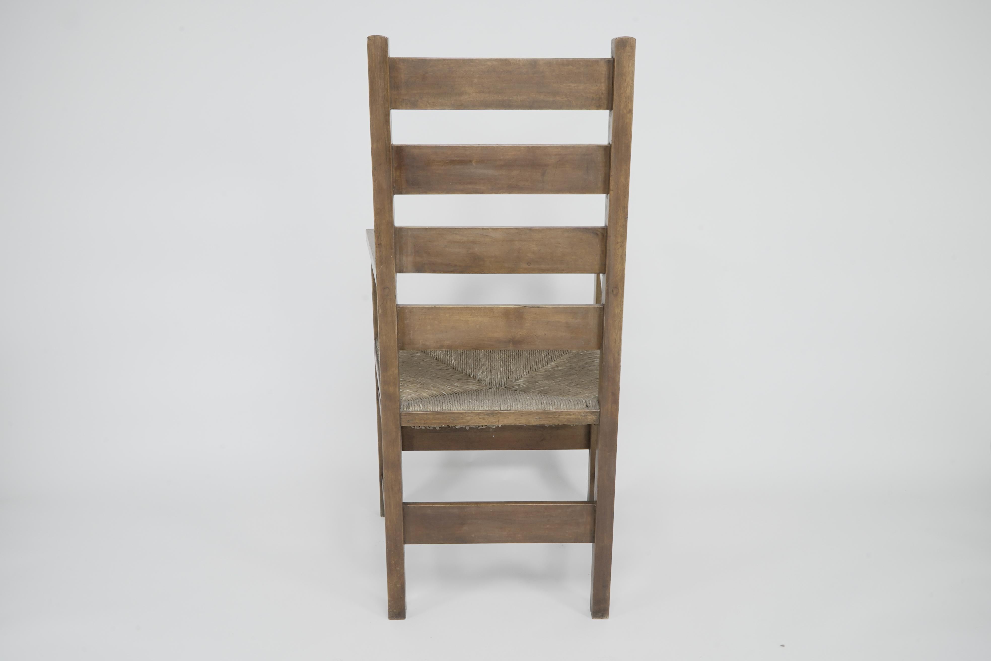 Baillie Scott for J P White. Arts & Crafts oak & rush seat ladder back armchair. For Sale 6