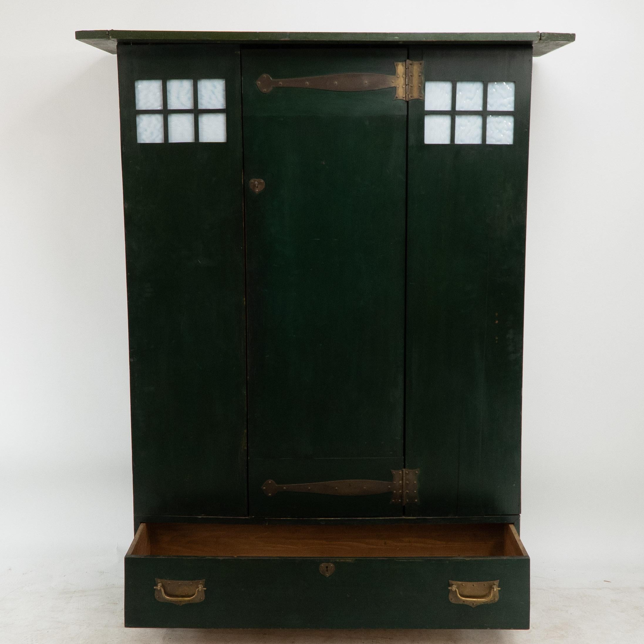 Arts and Crafts C R Mackintosh Guthrie & Wells, Glasgow School Stained Green Cypress Wardrobe For Sale