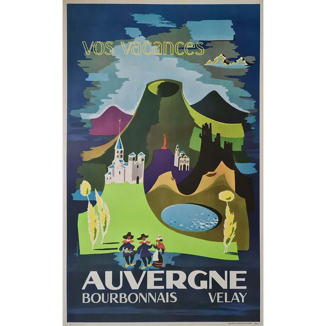 Réalisée avec une touche de nostalgie, l'affiche de voyage originale de C.C.C. présentant les charmes de l'Auvergne, du Bourbonnais et du Velay offre un aperçu pittoresque de la beauté des paysages de ces régions françaises. L'affiche, probablement