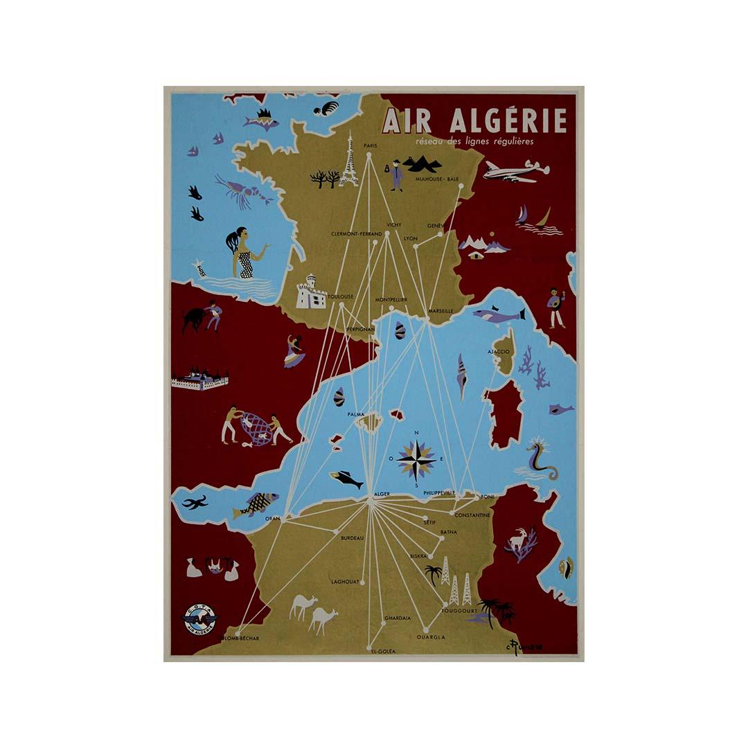 The circa 1950 poster Air Algérie, réseau des lignes régulières by C. Rivière is a vibrant and captivating piece of mid-century commercial art that illustrates the network of regular flight routes operated by Air Algérie. This visually dynamic map,
