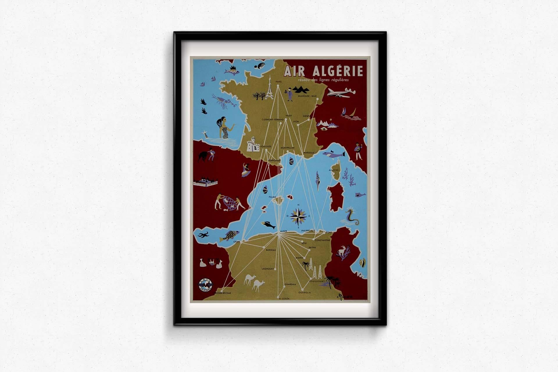 Circa 1950 poster Air Algérie regular line network For Sale 2