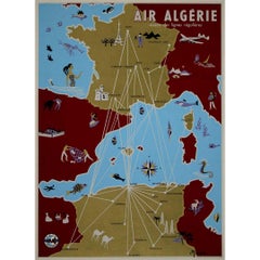 CIRCA 1950 Plakat Air Algérie Liniennetz