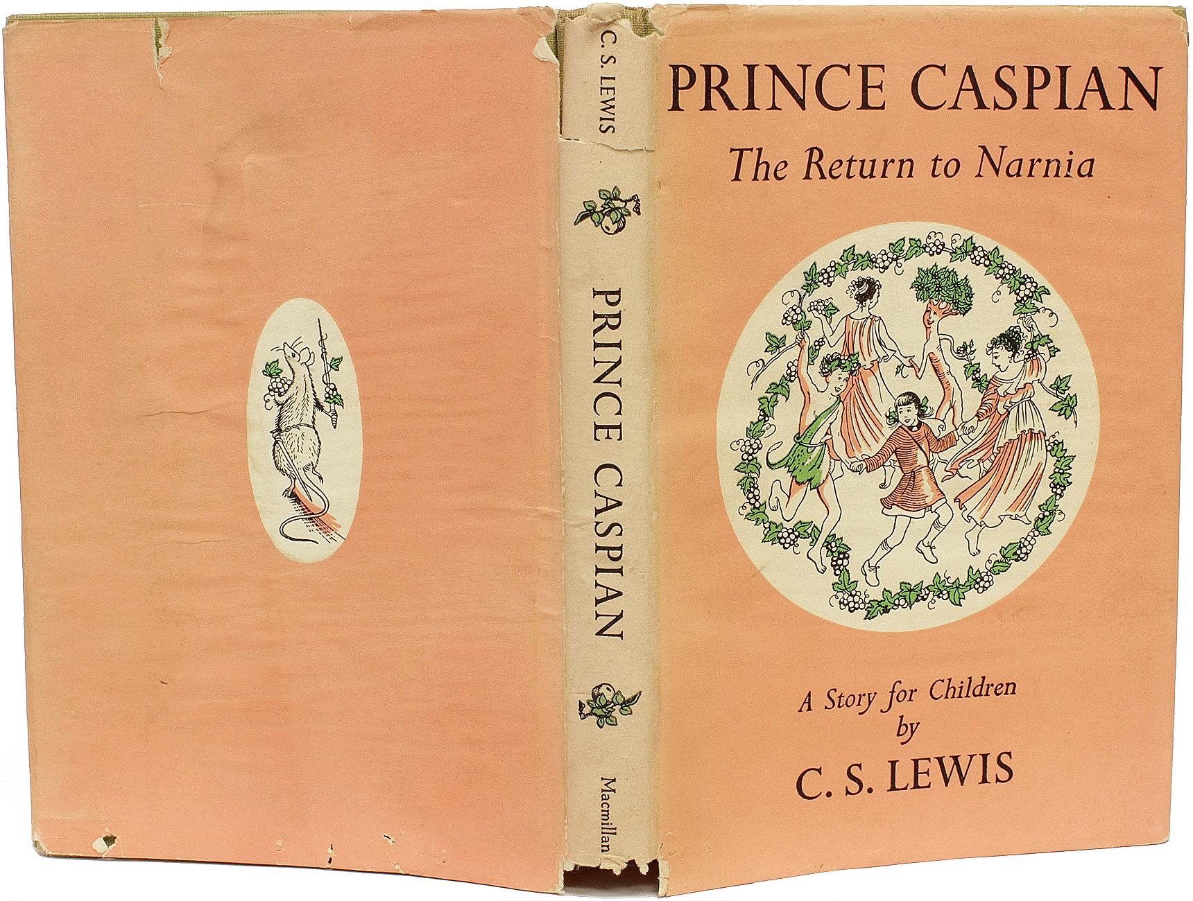 AUTEUR : LEWIS, C.I.C.

TITRE : Prince Caspian. Le retour à Narnia.

ÉDITEUR : NY : The Macmillan Company, 1951.

DESCRIPTION : PREMIÈRE ÉDITION AMÉRICAINE. 1 vol. illustré par Pauline Baynes, toile verte d'origine de l'éditeur, avec le DJ