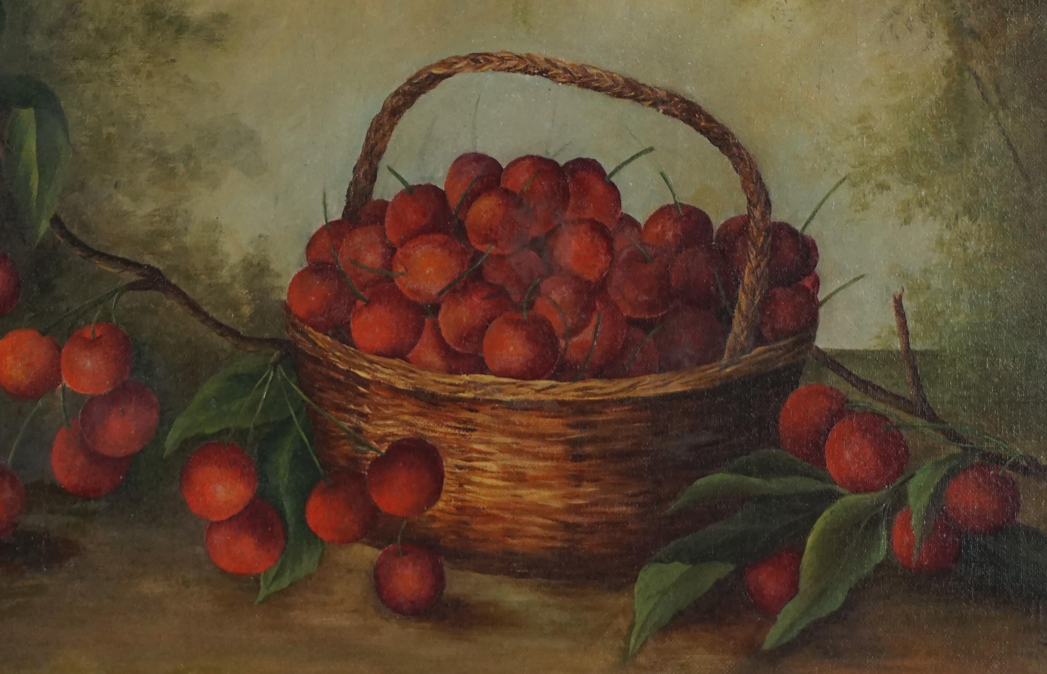 Original Antique Still Life Oil Painting Basket of Ripe Cherries

Basket of ripe cherries still life oil painting by C. S. Wolfe (American, 19th/20th Century), 1901. Cherries attached to branch creates an interesting “frame” for basket of just