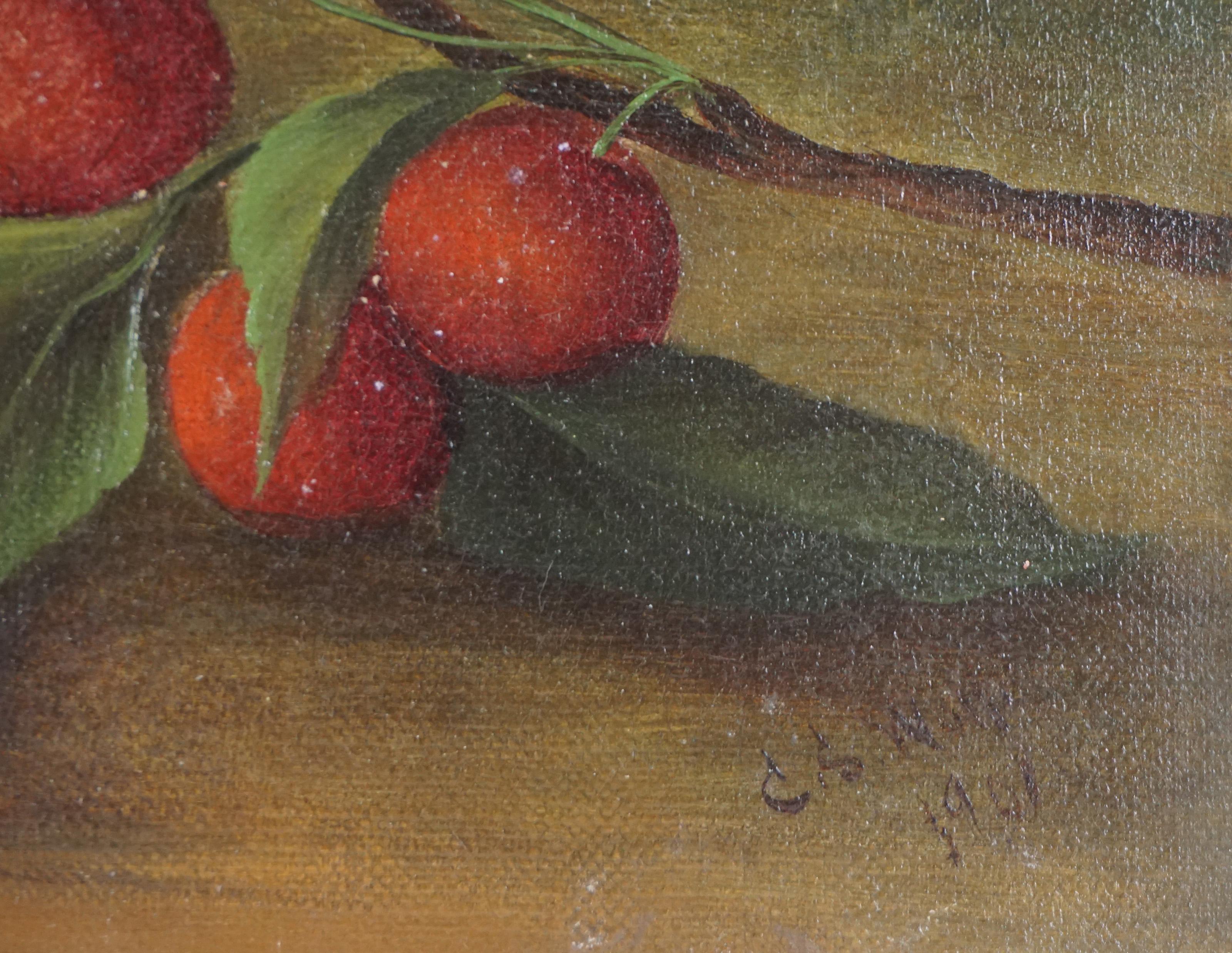 Original Antique Oil Painting Basket of Ripe Cherries Still Life 1