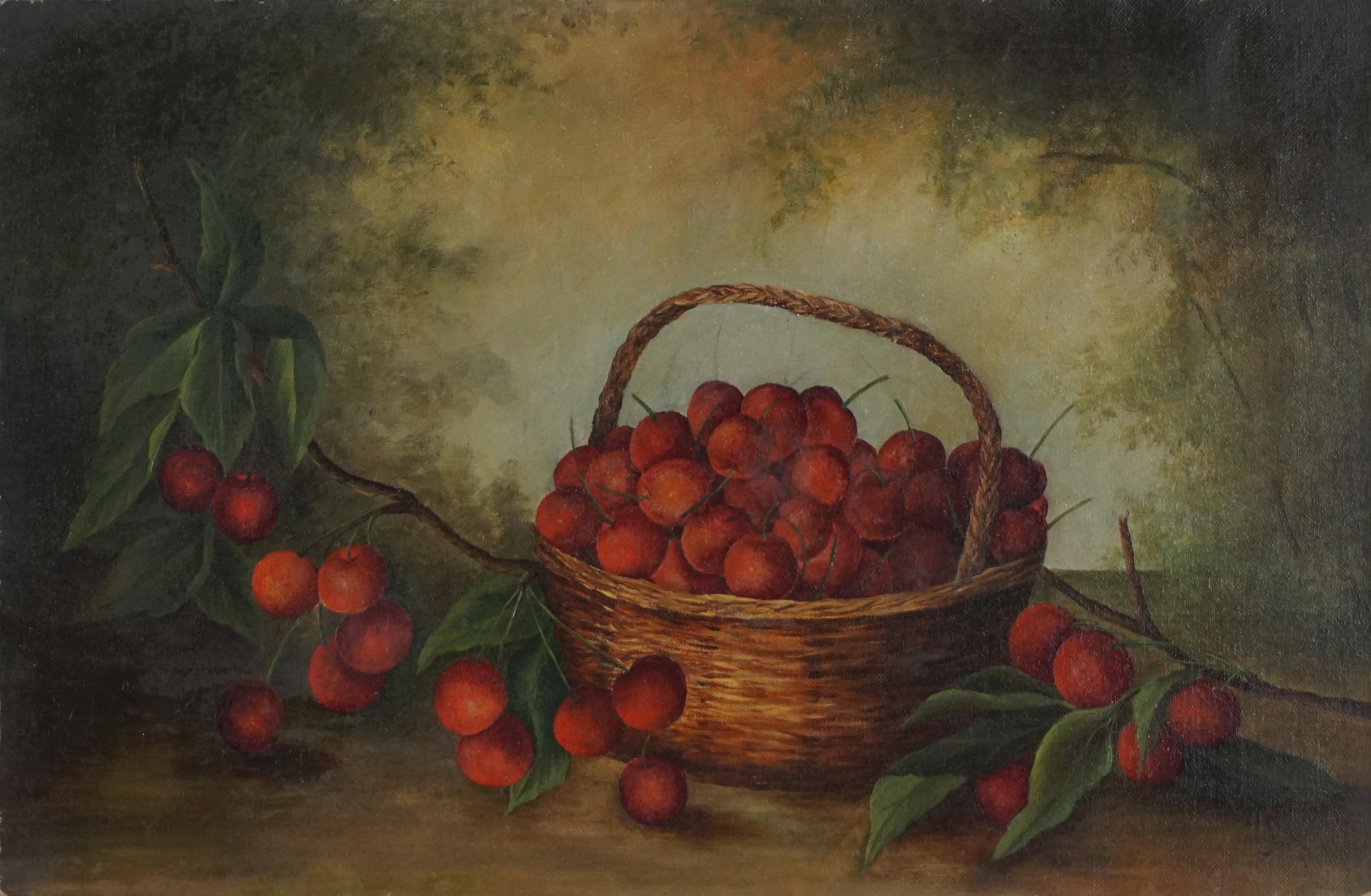 C. S. Wolfe Still-Life Painting - Original Antique Oil Painting Basket of Ripe Cherries Still Life