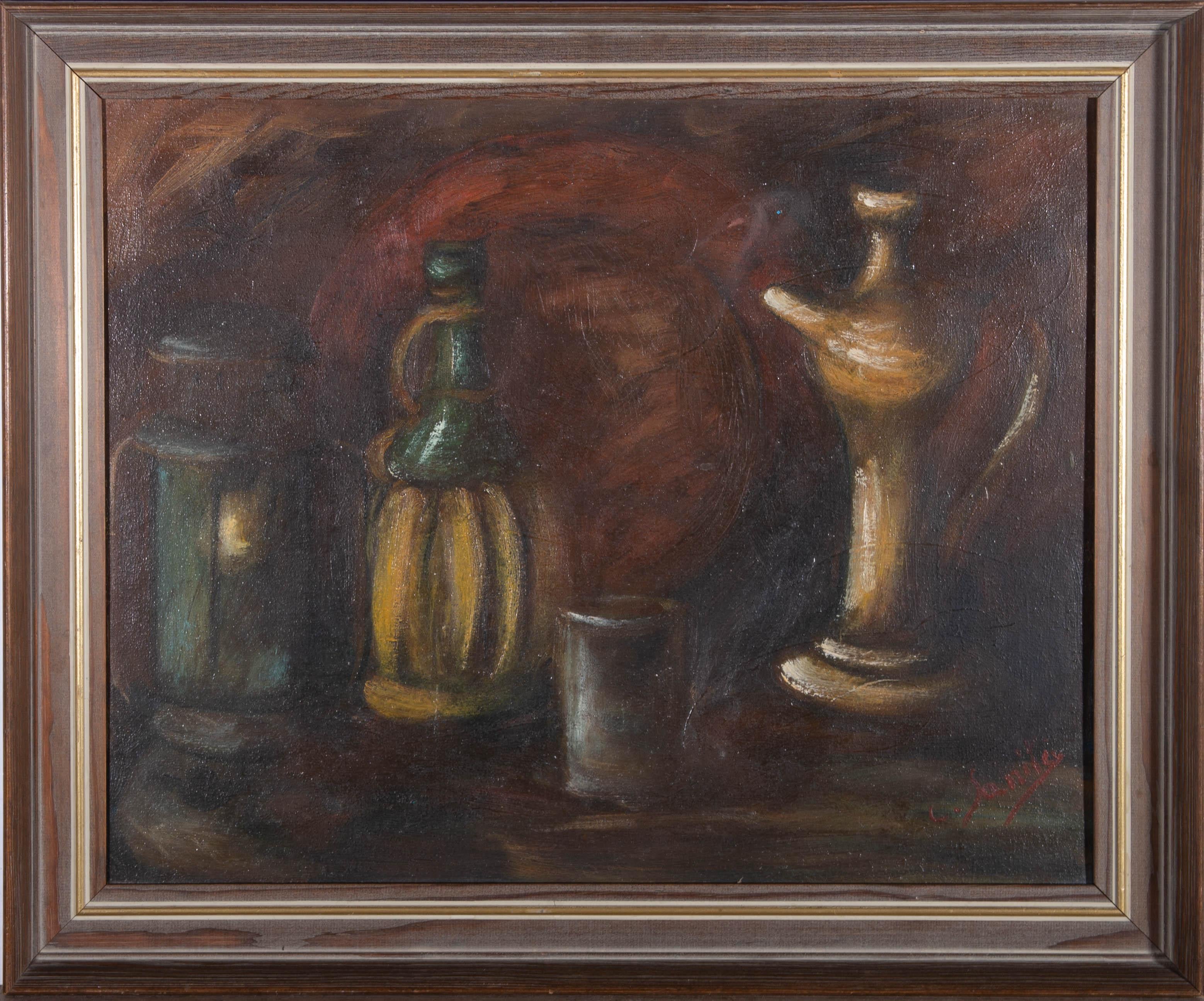 This charming still life study depicts four ceramic vessels. the artist has used deep, rich colours to create a luxurious composition. Painted in sweeping, gestural brush strokes, adding texture to the work. Signed to the lower right. Presented in a