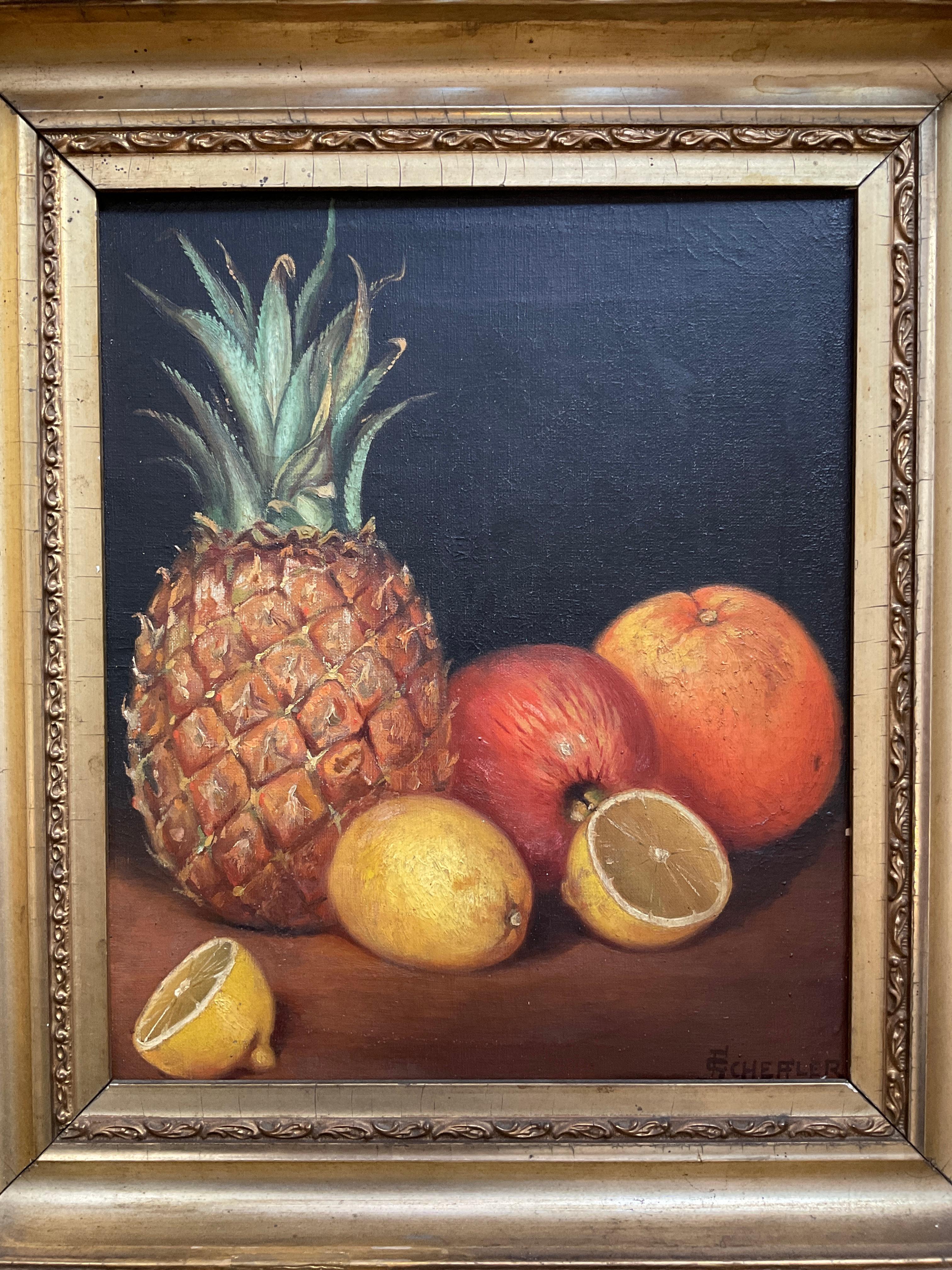 Antique American School Pineapple and Fruit Still Life; oil on canvas, ca 1900