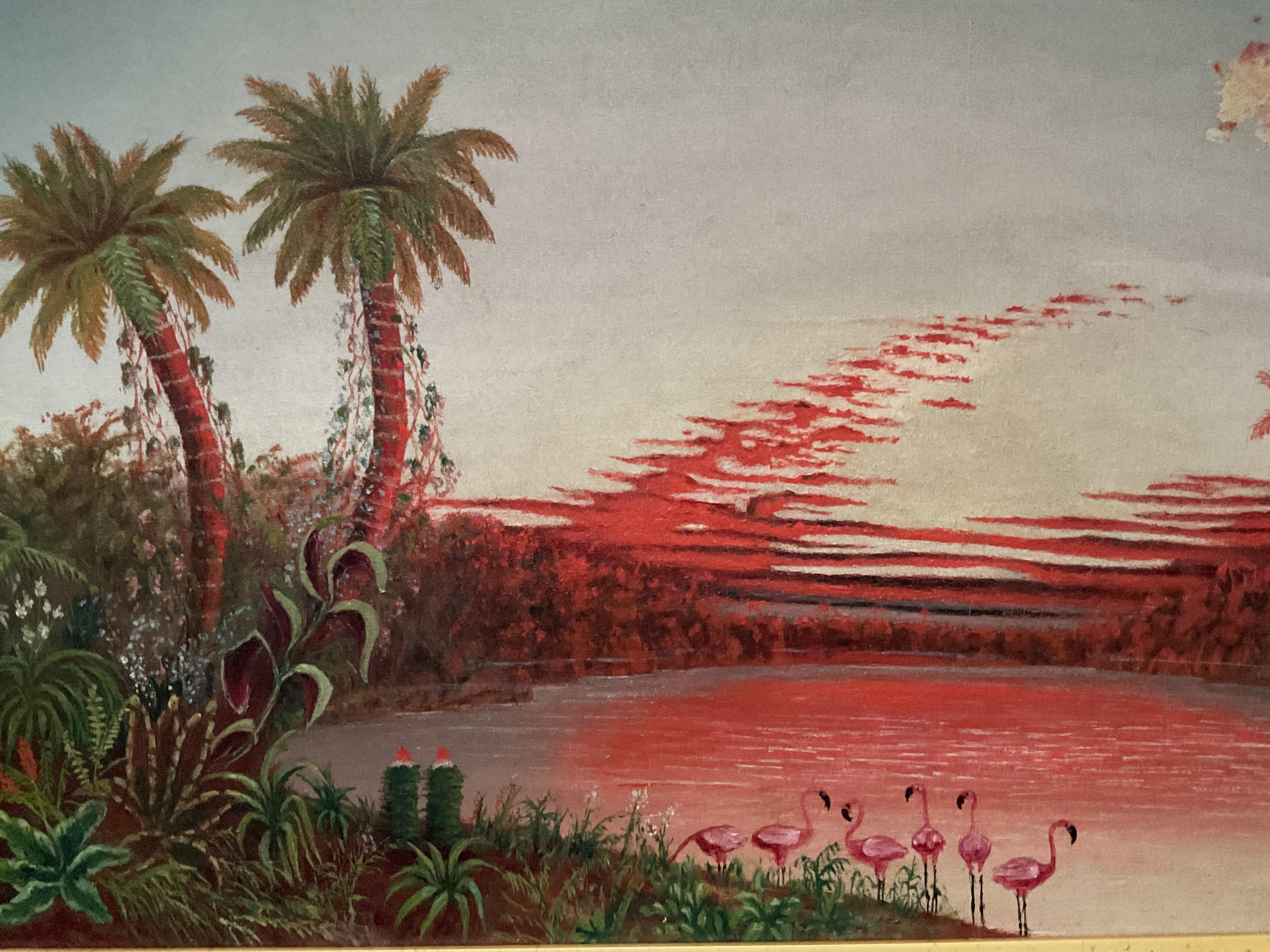 Pintura antigua; Paisaje tropical de Florida con flamencos y cielo luminista, 1924 - Painting de C. Schmidt