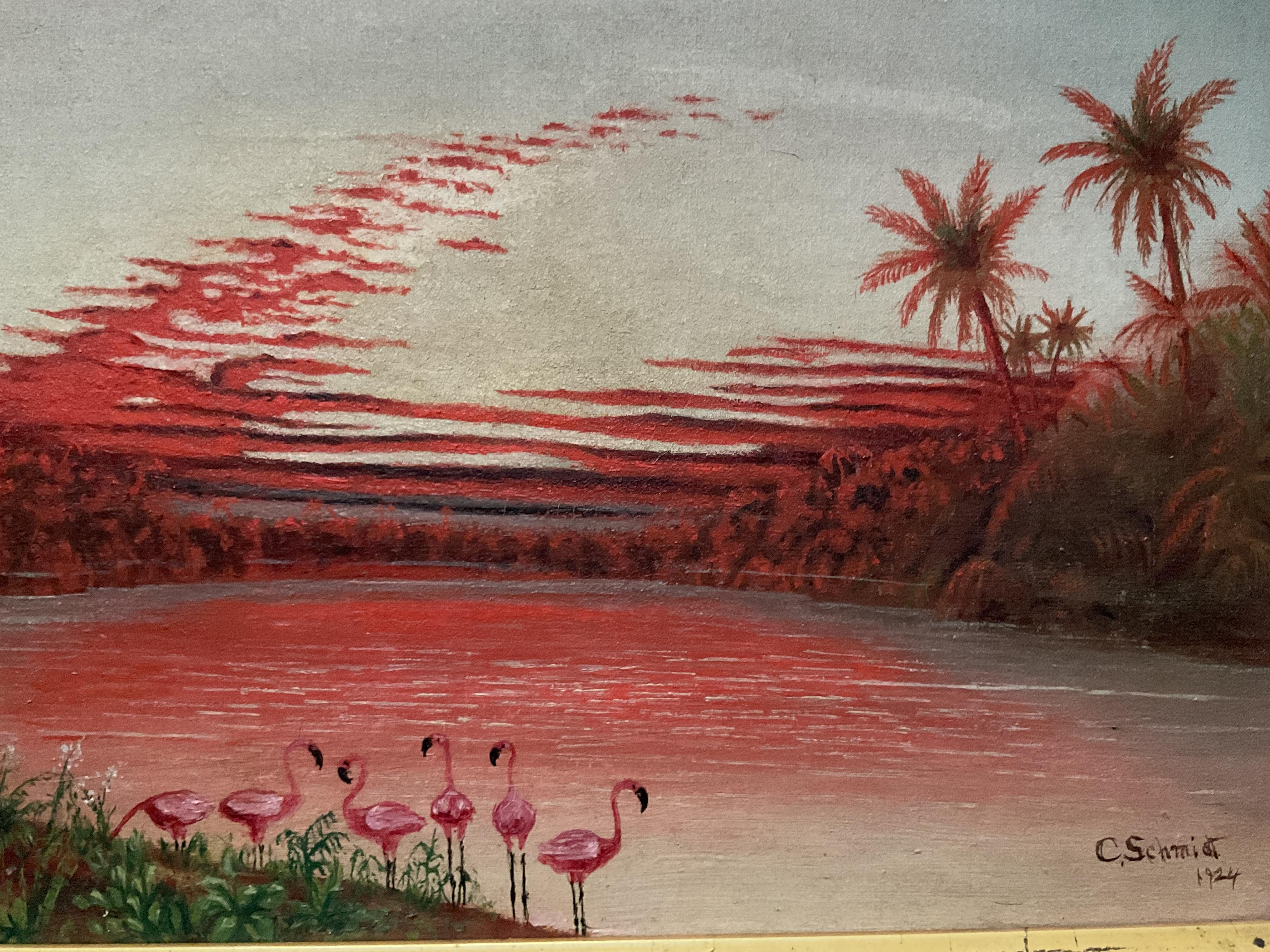 Pintura antigua; Paisaje tropical de Florida con flamencos y cielo luminista, 1924 - Landscape Painting Marrón de C. Schmidt