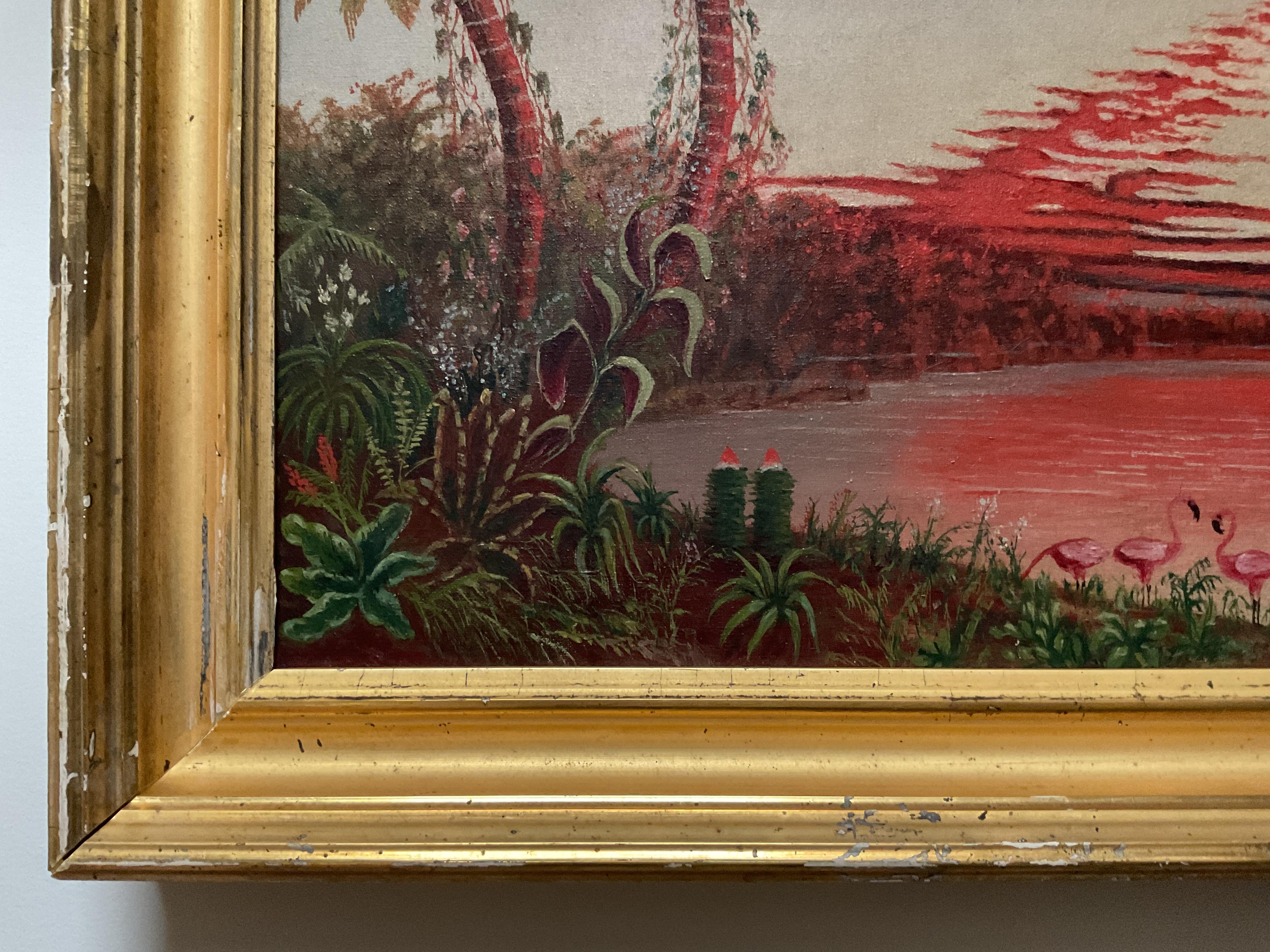 Este cuadro tiene exactamente 100 años, lo que lo convierte en una verdadera antigüedad. El óleo sobre lienzo representa un caluroso paisaje tropical de Florida, ya sea un amanecer o un atardecer. Las palmeras salpican las orillas del lago o la vía