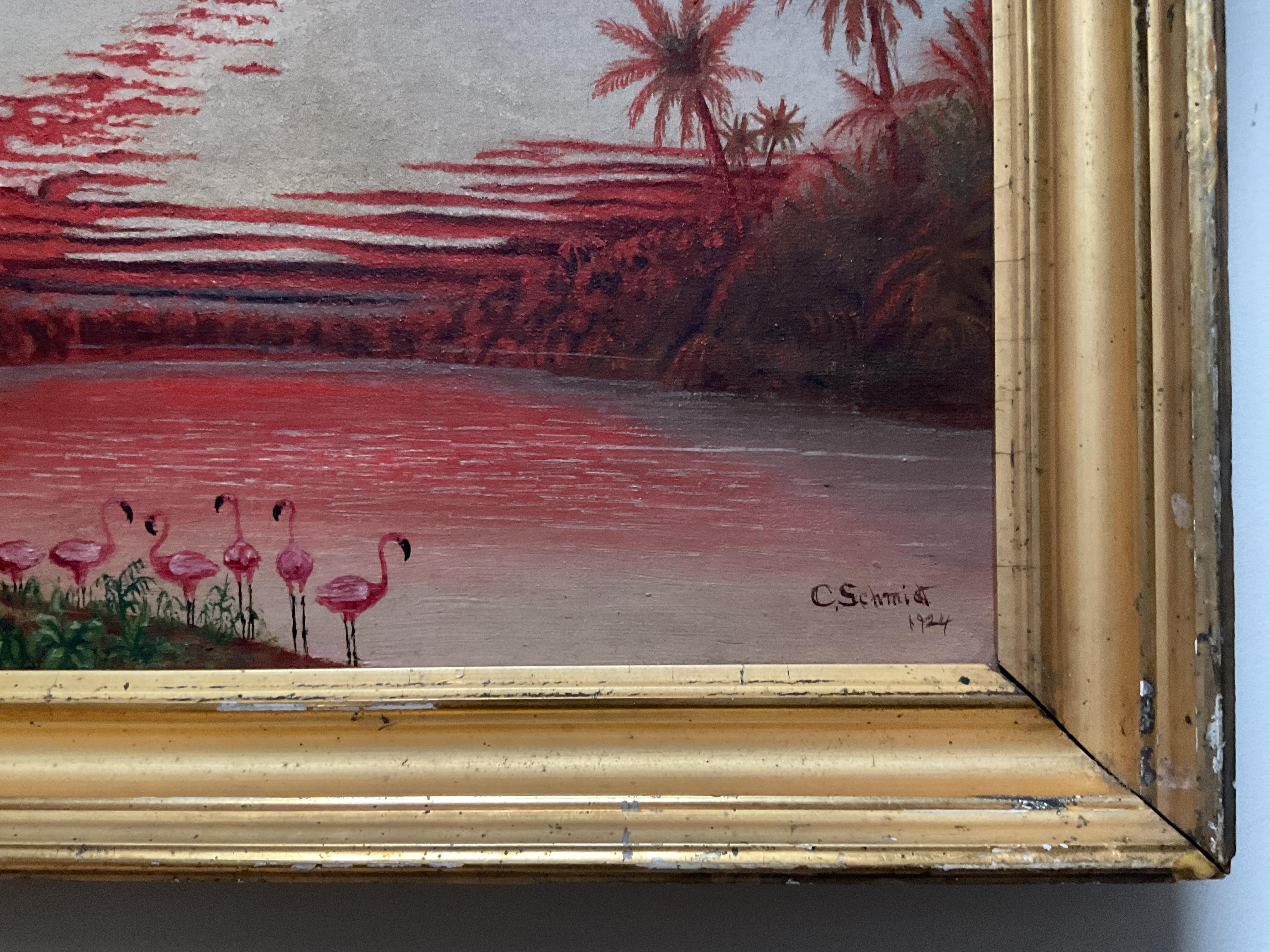 Pintura antigua; Paisaje tropical de Florida con flamencos y cielo luminista, 1924 1