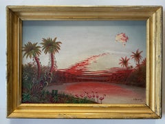 Antique Painting; Tropical Florida Landscape w/ Flamingos and Luminist Sky, 1924