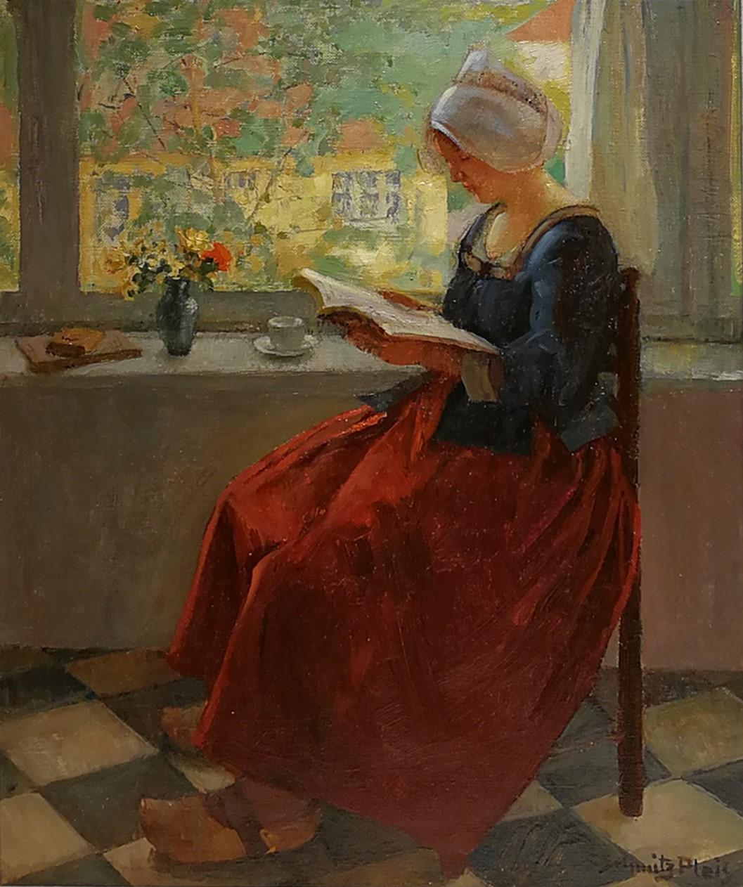  Dutch woman reading a book, Carl Schmitz-Pleis, Oil paint/canvas, Impressionist - Painting by C. Schmitz-Pleis