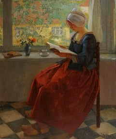 Femme hollandaise lisant un livre, Carl Schmitz-Pleis, peinture à l'huile/toile impressionniste