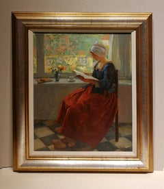 Antique  Dutch woman reading a book, Carl Schmitz-Pleis, Oil paint/canvas, Impressionist