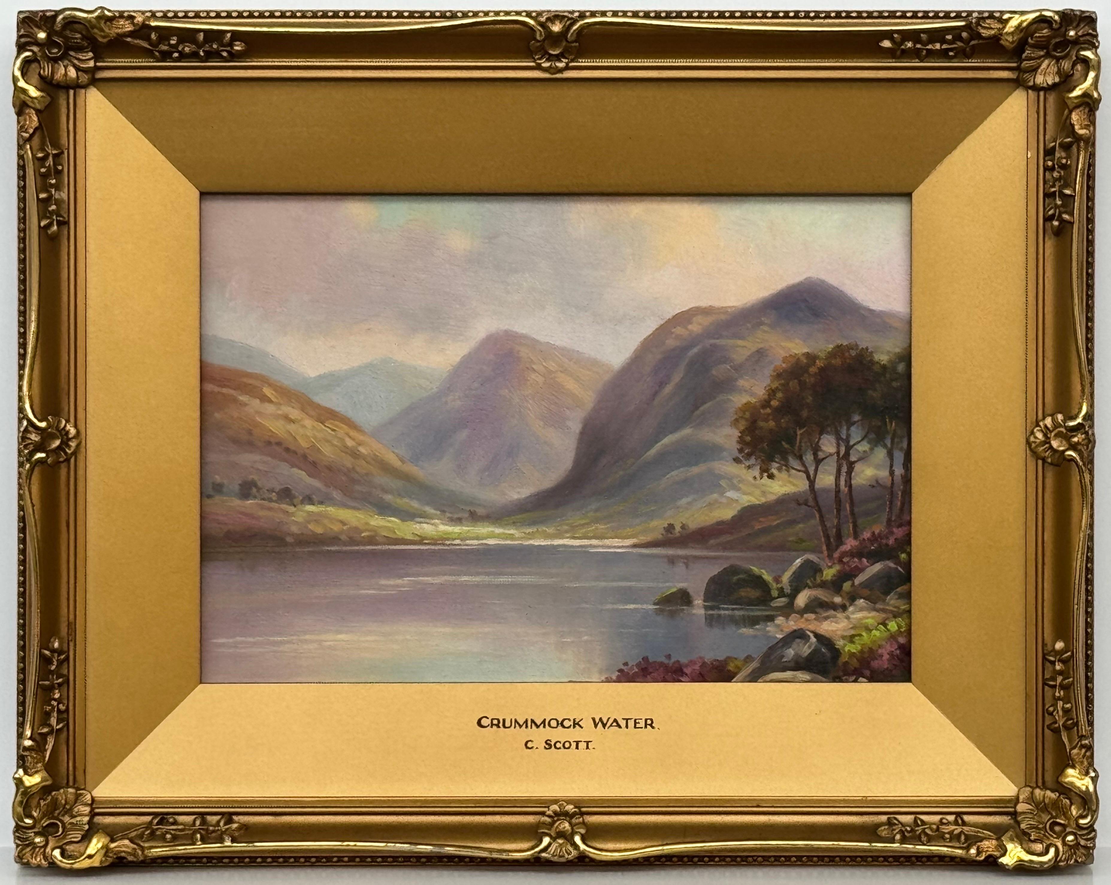 Miniatur Vintage Ölgemälde von Crummock Water in der englischen Lake District (Braun), Landscape Painting, von C Scott