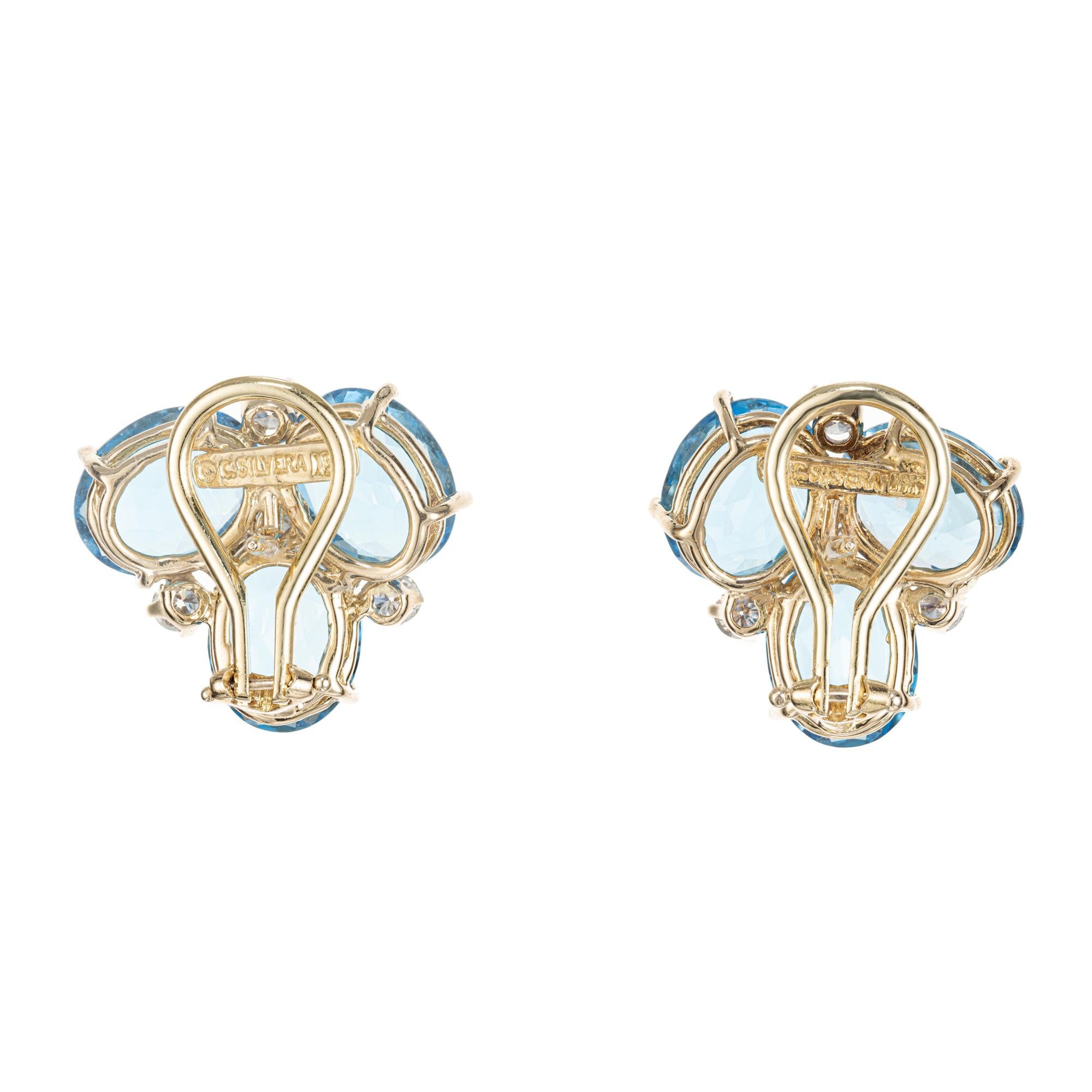 Oval Cut C. Silvera 10.00 Carat Blue Topaz Diamond Yellow Gold Earrings  For Sale