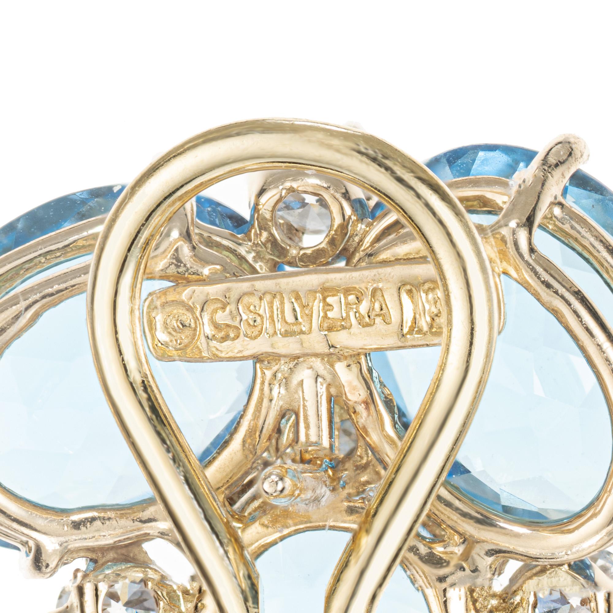 Boucles d'oreilles argentées en or jaune avec topaze bleue de 10,00 carats et diamants Bon état - En vente à Stamford, CT