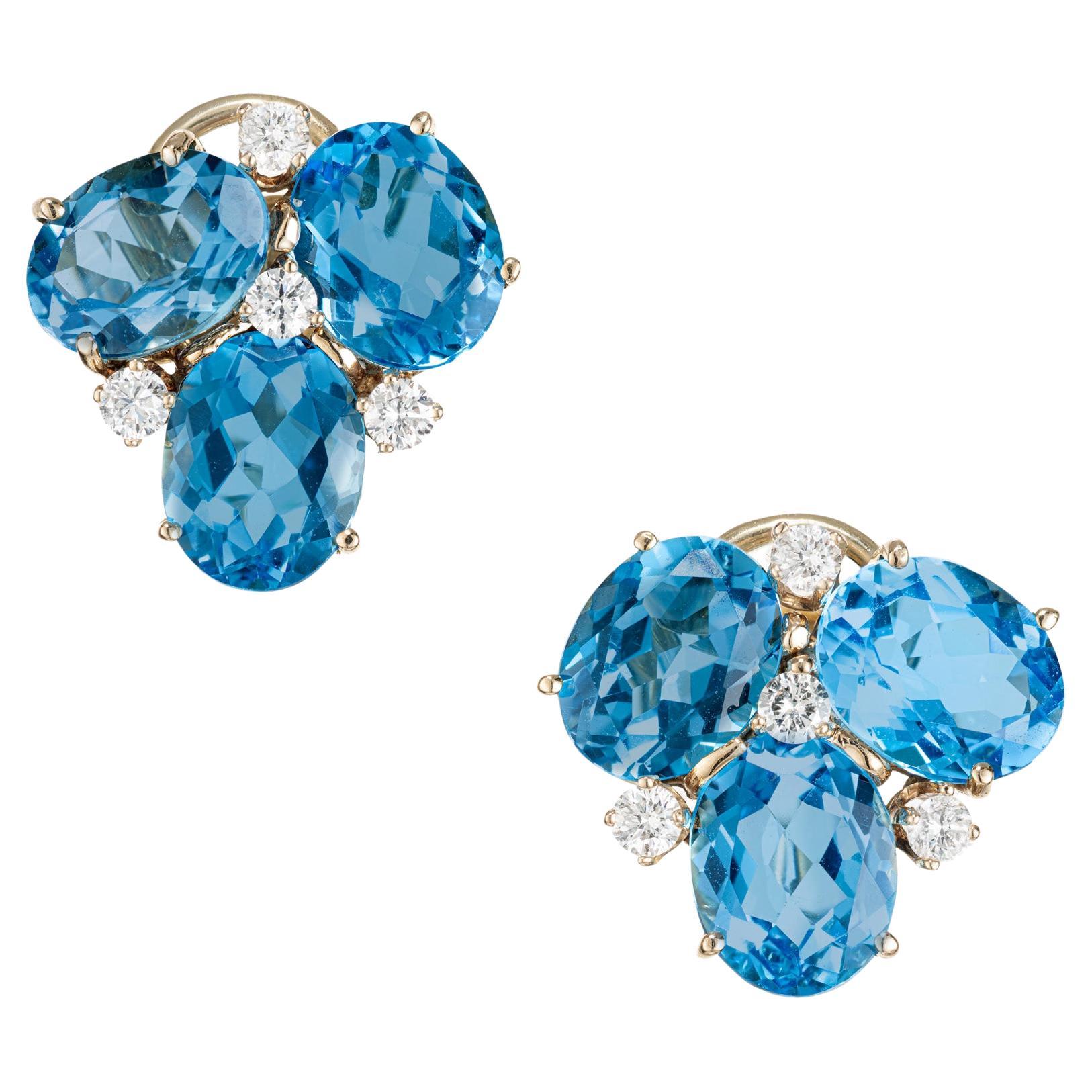 C. Silvera 10.00 Carat Blue Topaz Diamond Yellow Gold Earrings  For Sale