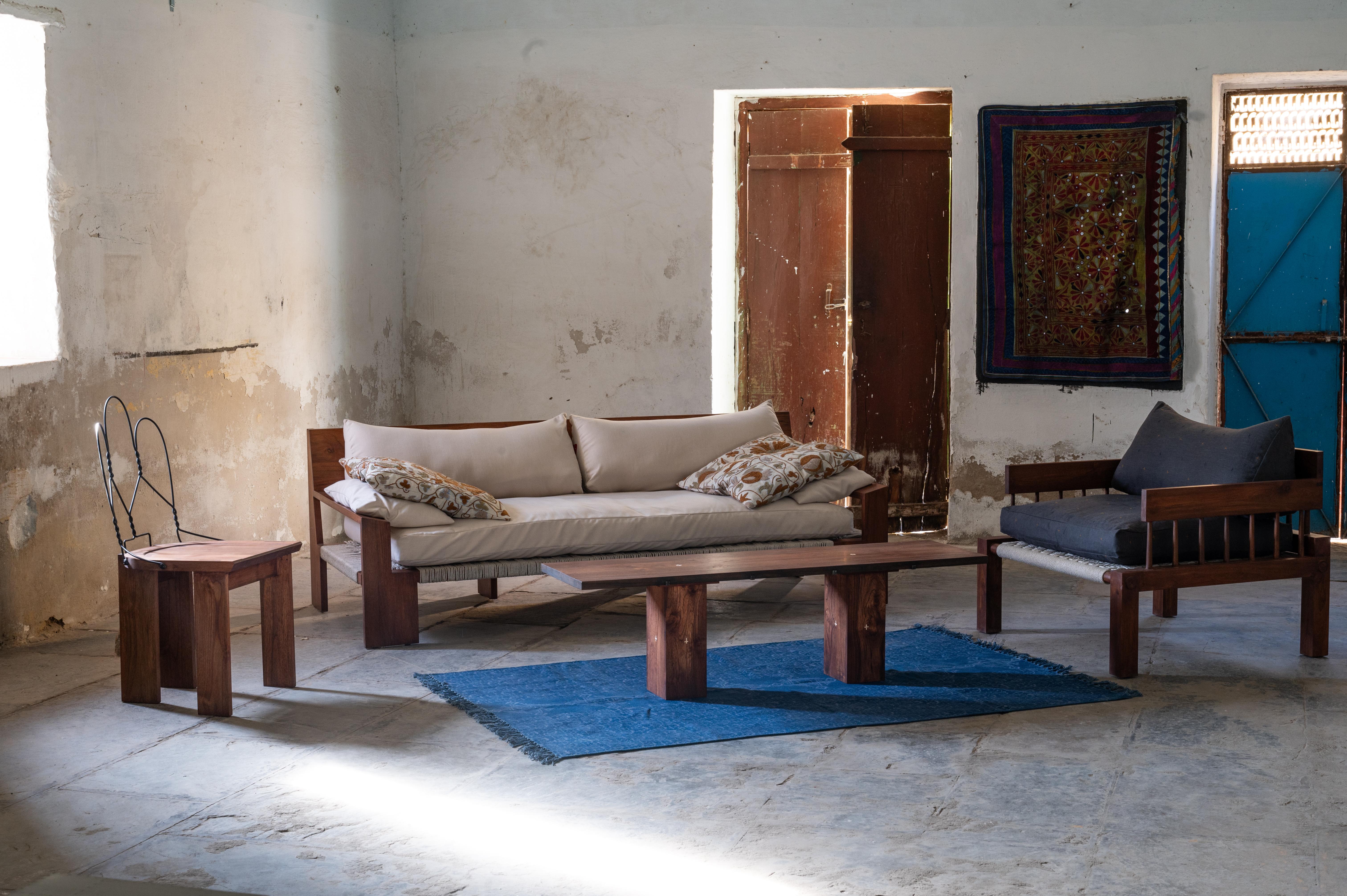 C Sofa in Oiled Teak, Woven Cotton Rope & Upholstery by Evam For Sale 7