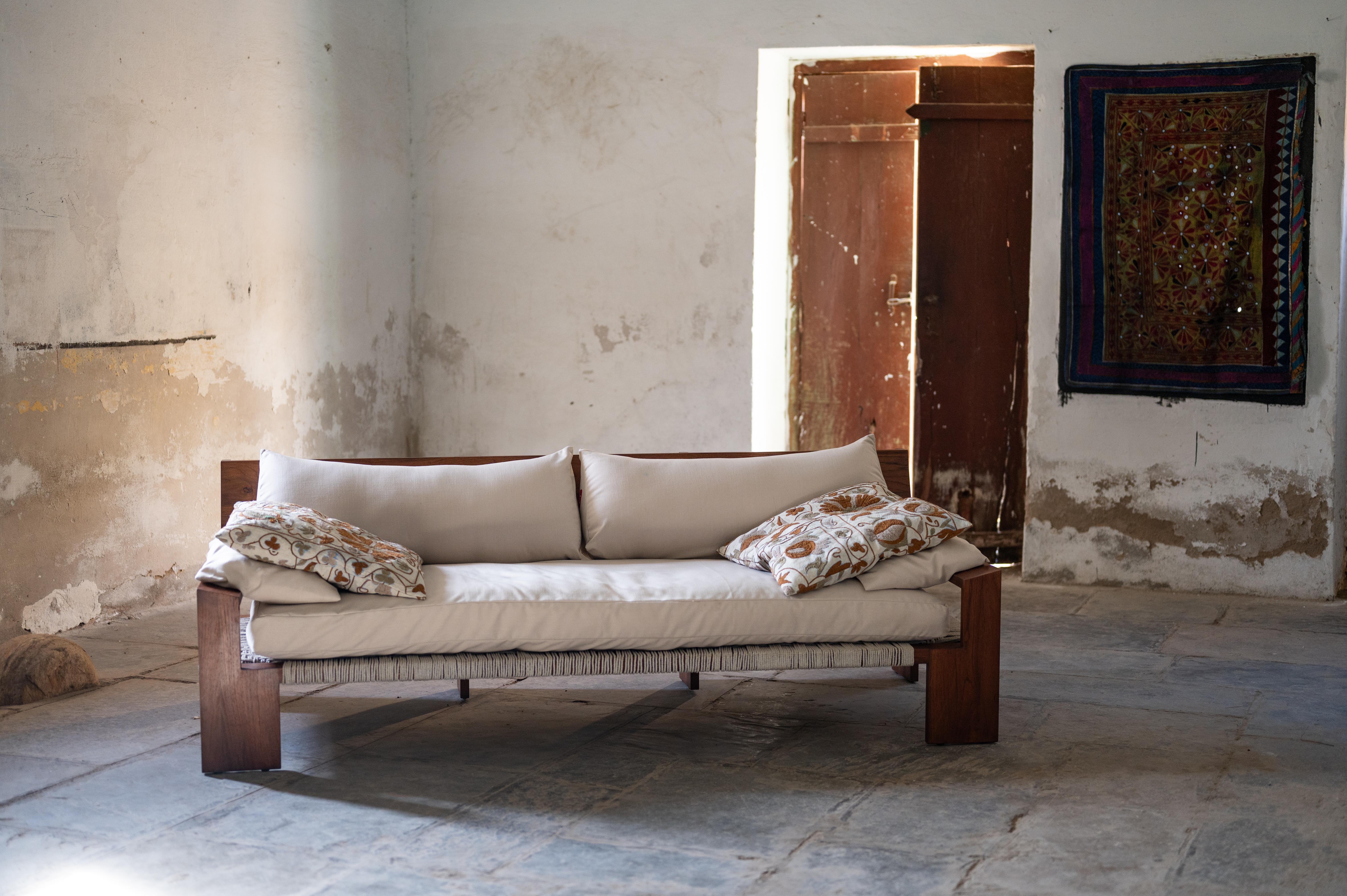 C Sofa in Oiled Teak, Woven Cotton Rope & Upholstery by Evam For Sale 9