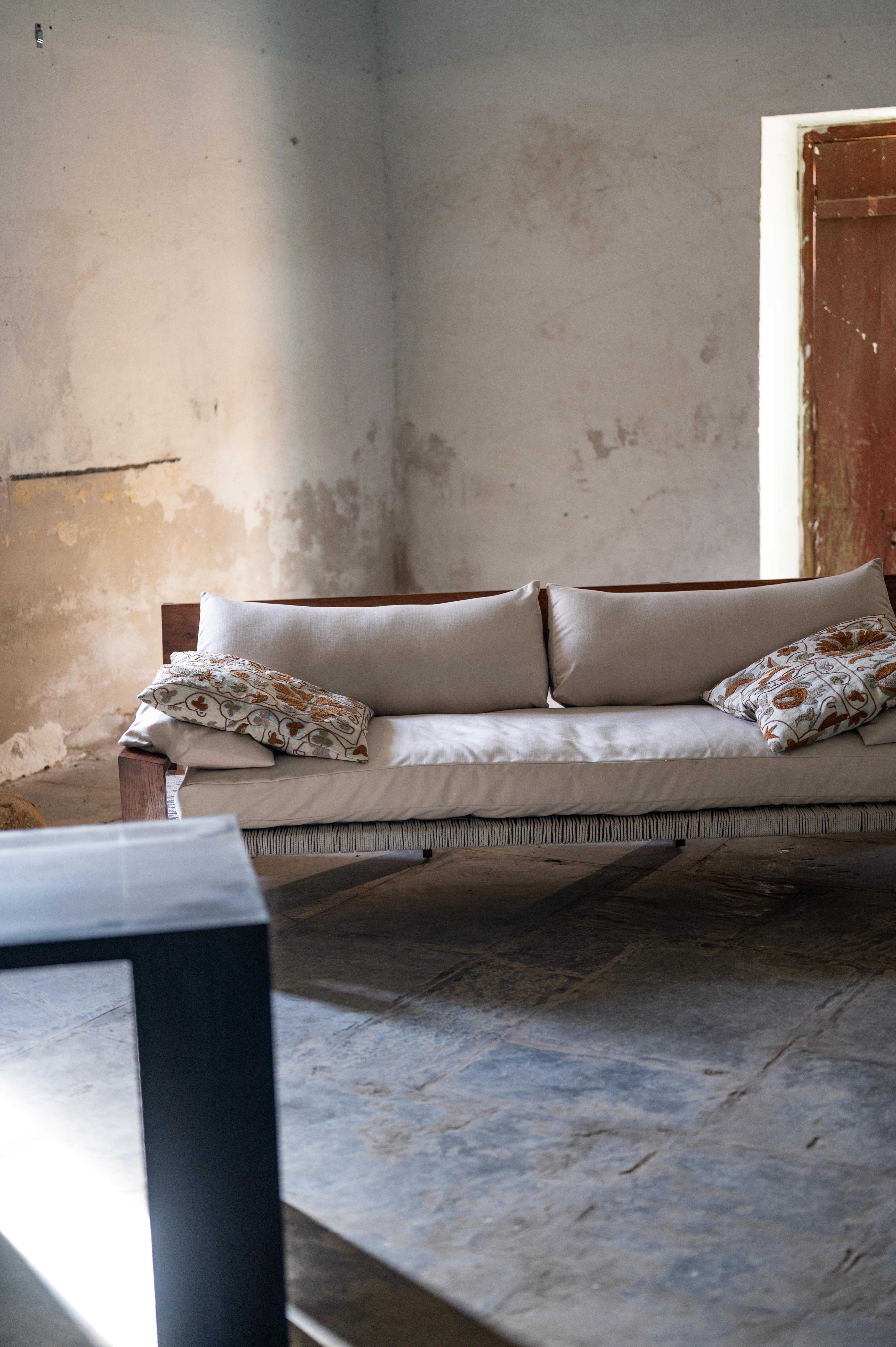 C Sofa in Oiled Teak, Woven Cotton Rope & Upholstery by Evam For Sale 10
