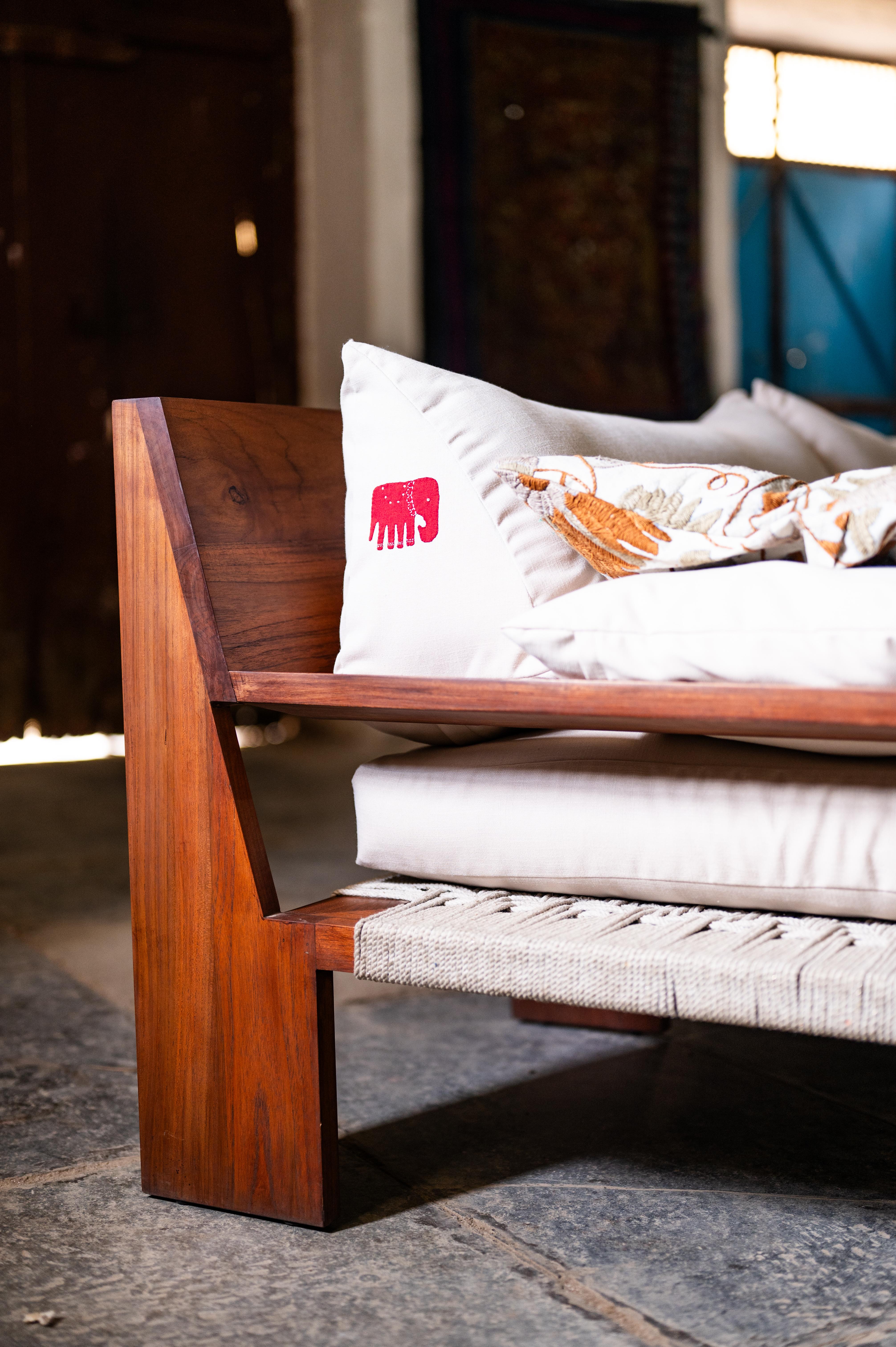Modern C Sofa in Oiled Teak, Woven Cotton Rope & Upholstery by Evam For Sale