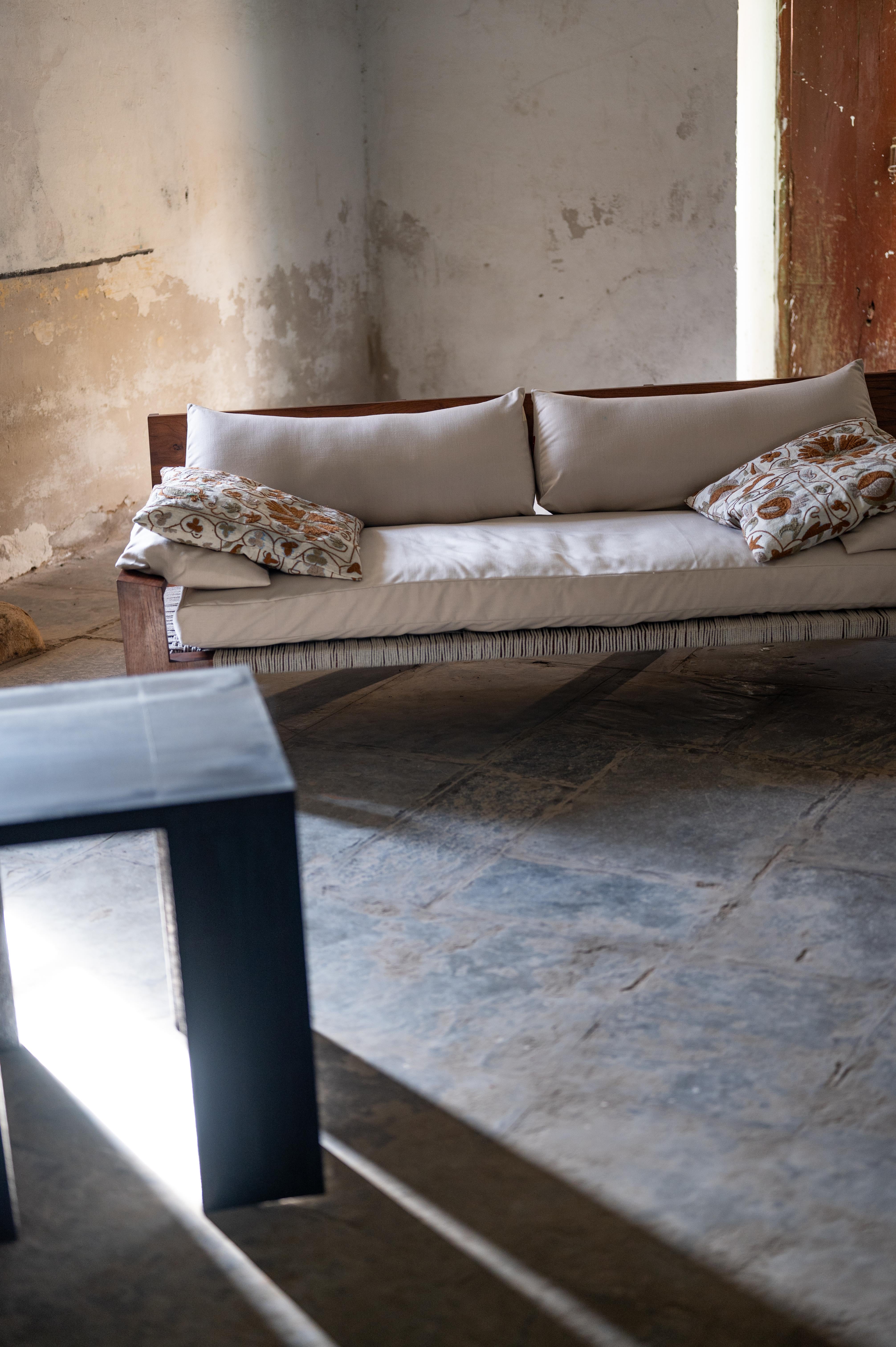 Contemporary C Sofa in Oiled Teak, Woven Cotton Rope & Upholstery by Evam For Sale