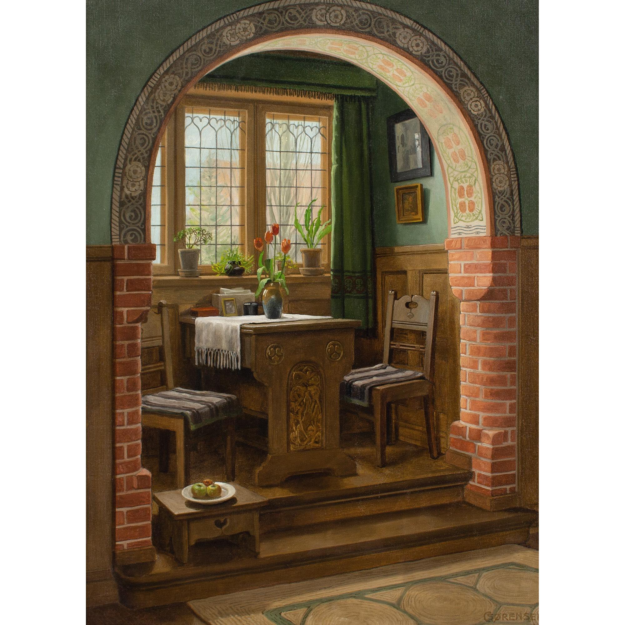 C Sorensen, Interior With Arch & Dining Nook - Painting by C Sørensen