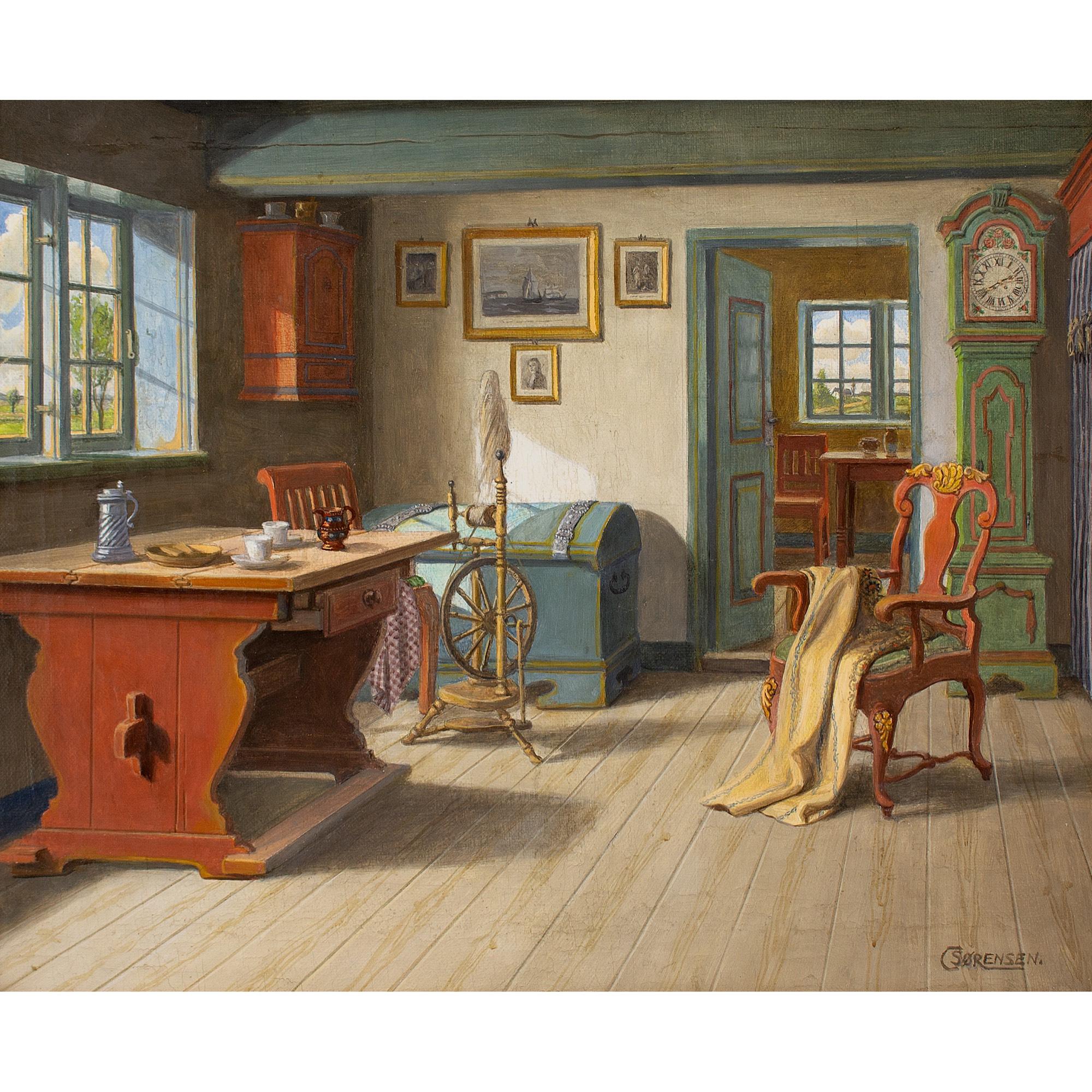 C Sørensen, Interior With Spinning Wheel, Oil Painting For Sale 2