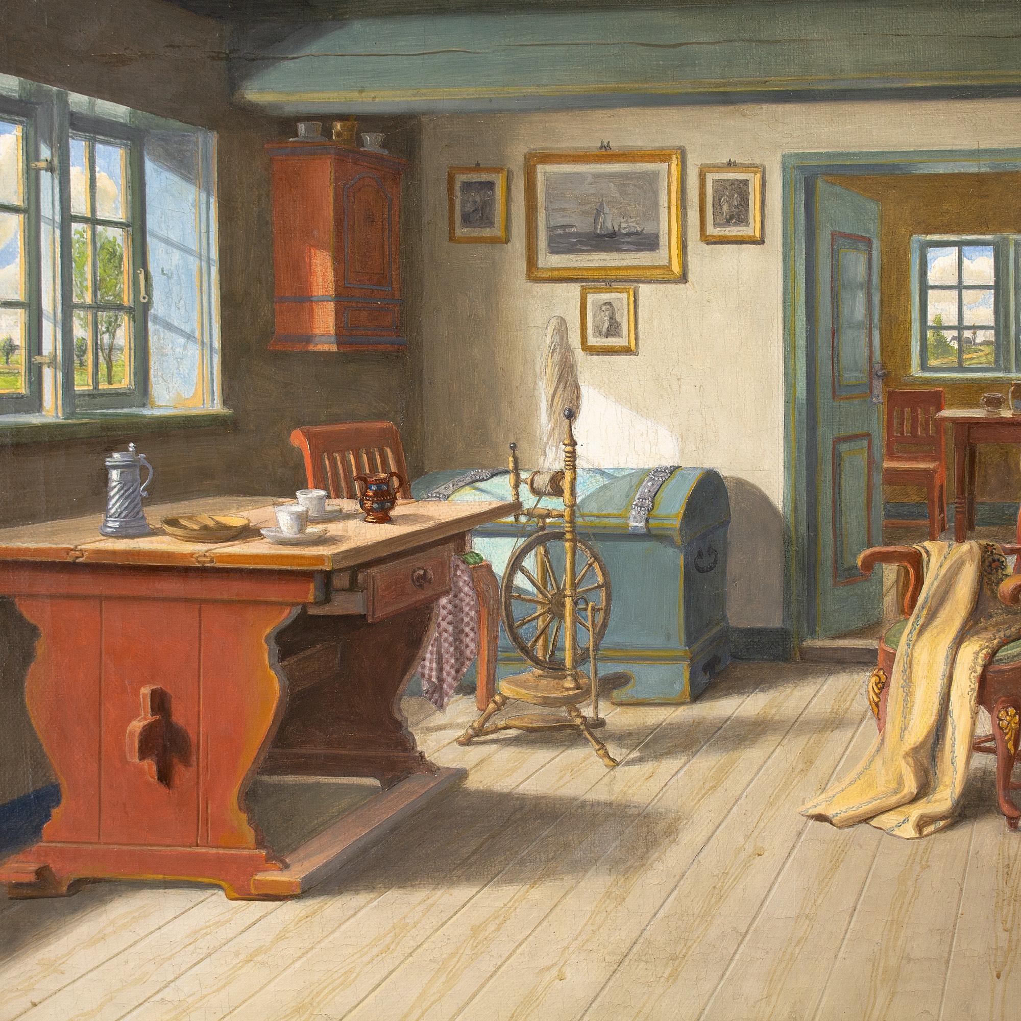 C Sørensen, Interior With Spinning Wheel, Oil Painting For Sale 5