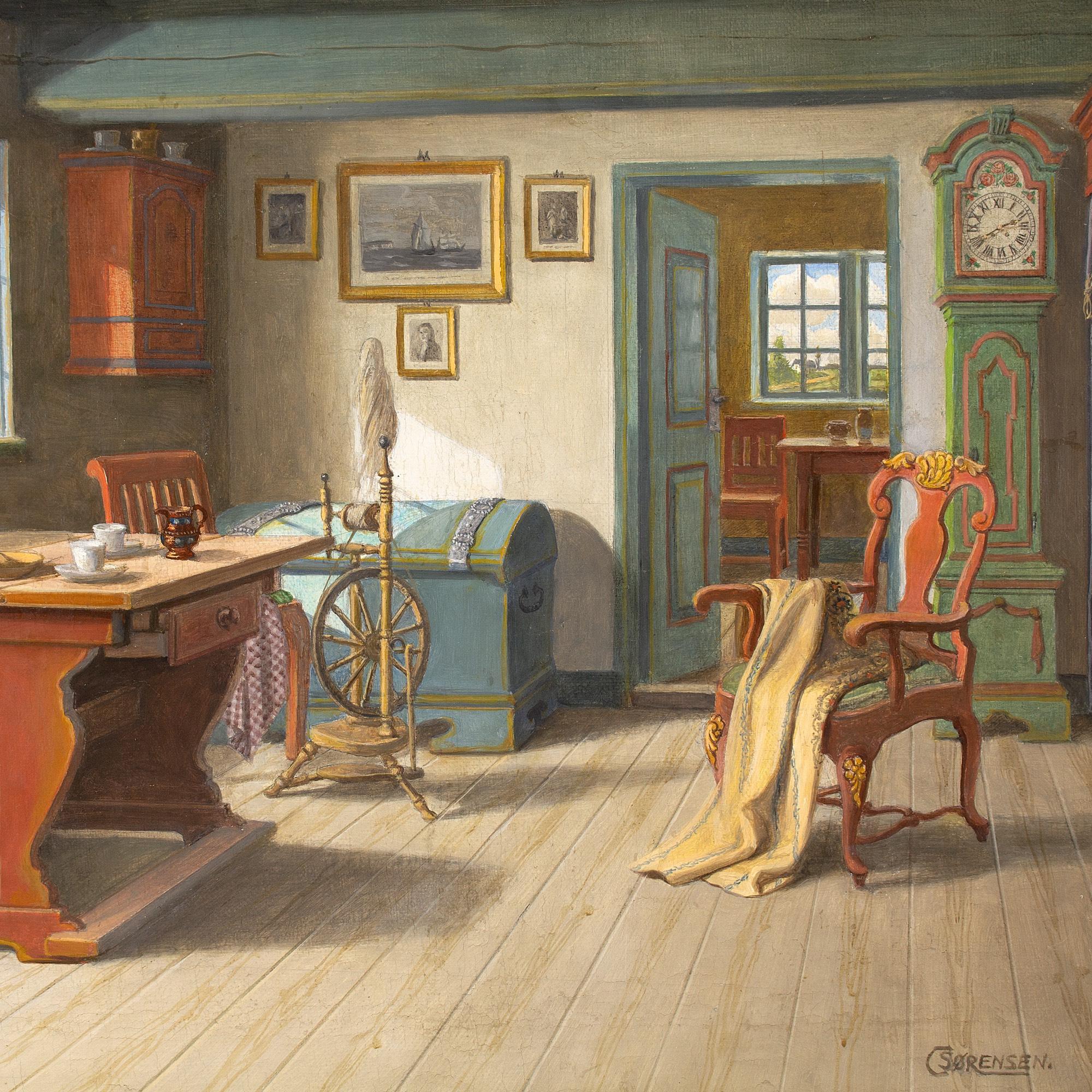 C Sørensen, Interior With Spinning Wheel, Oil Painting For Sale 6