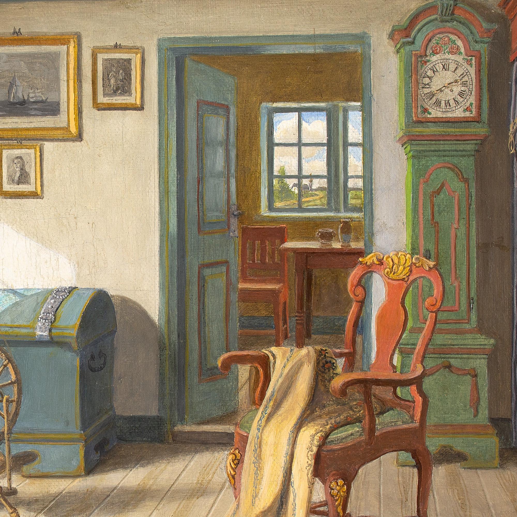C Sørensen, Interior With Spinning Wheel, Oil Painting For Sale 7