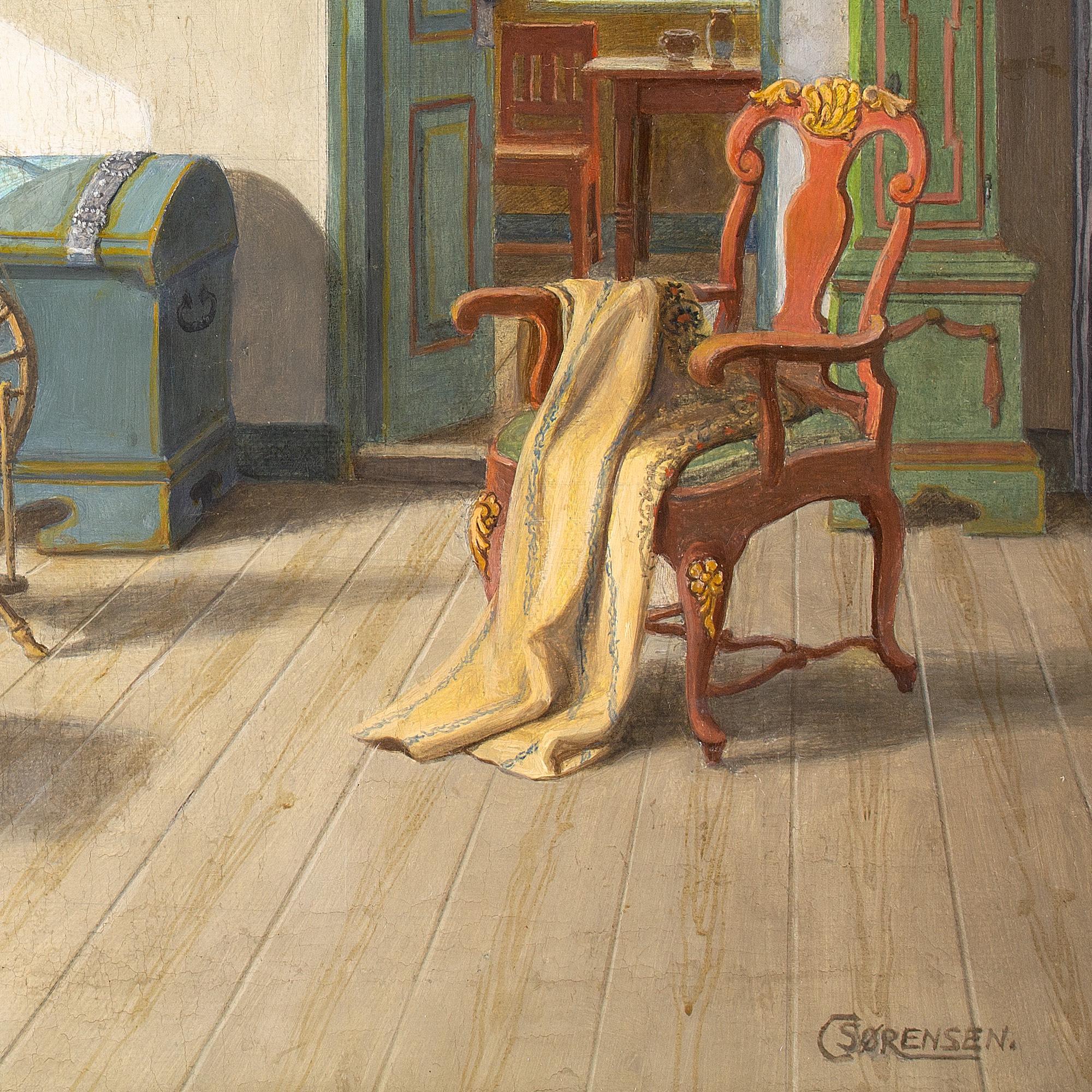 C Sørensen, Interior With Spinning Wheel, Oil Painting For Sale 8