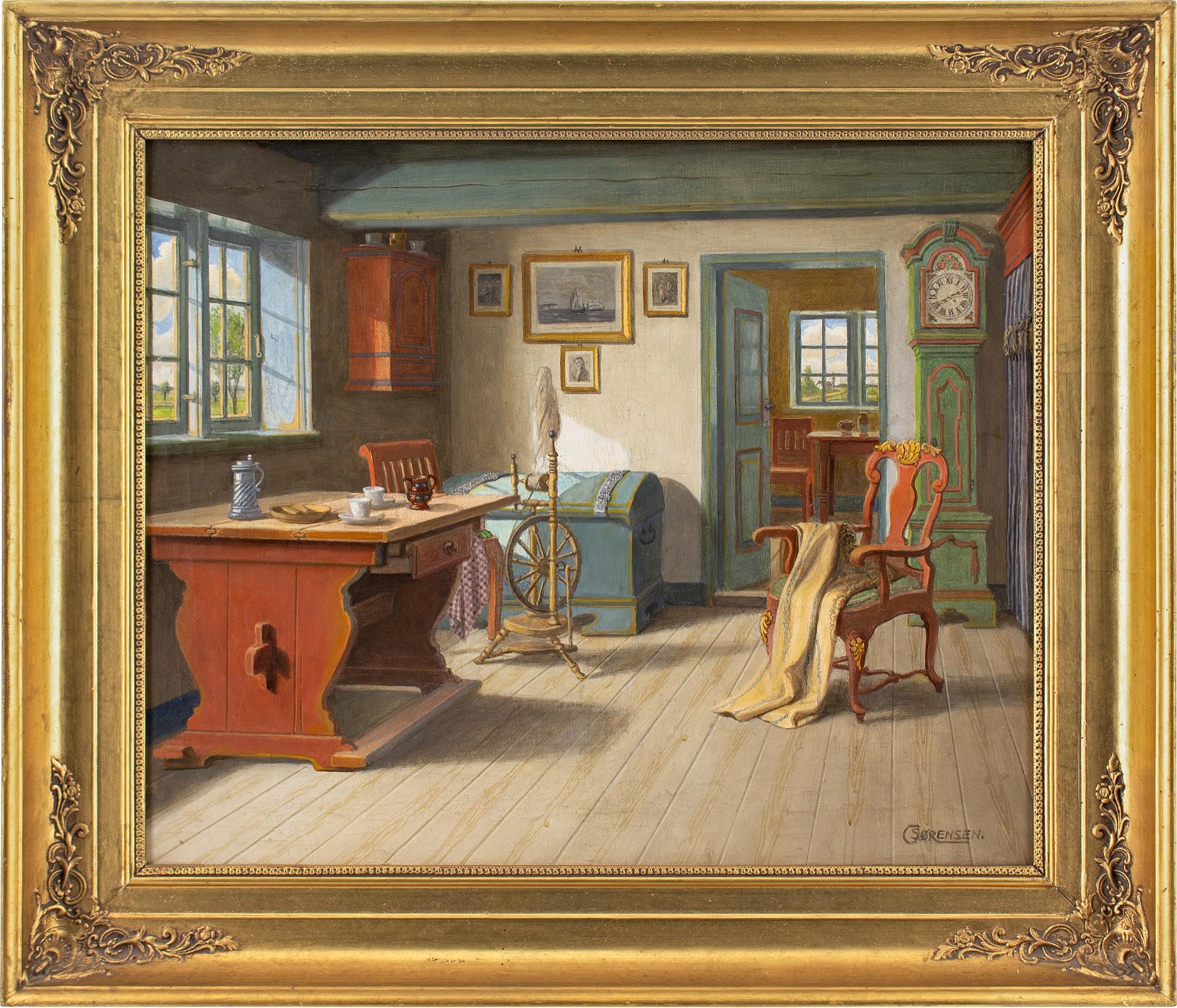 C Sørensen, Interior With Spinning Wheel, Oil Painting For Sale 1