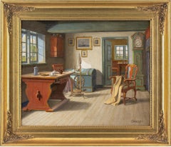 Vintage C Sørensen, Interior With Spinning Wheel, Oil Painting