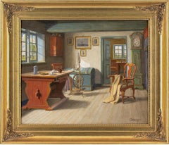 C Sørensen, Interior With Spinning Wheel, Oil Painting