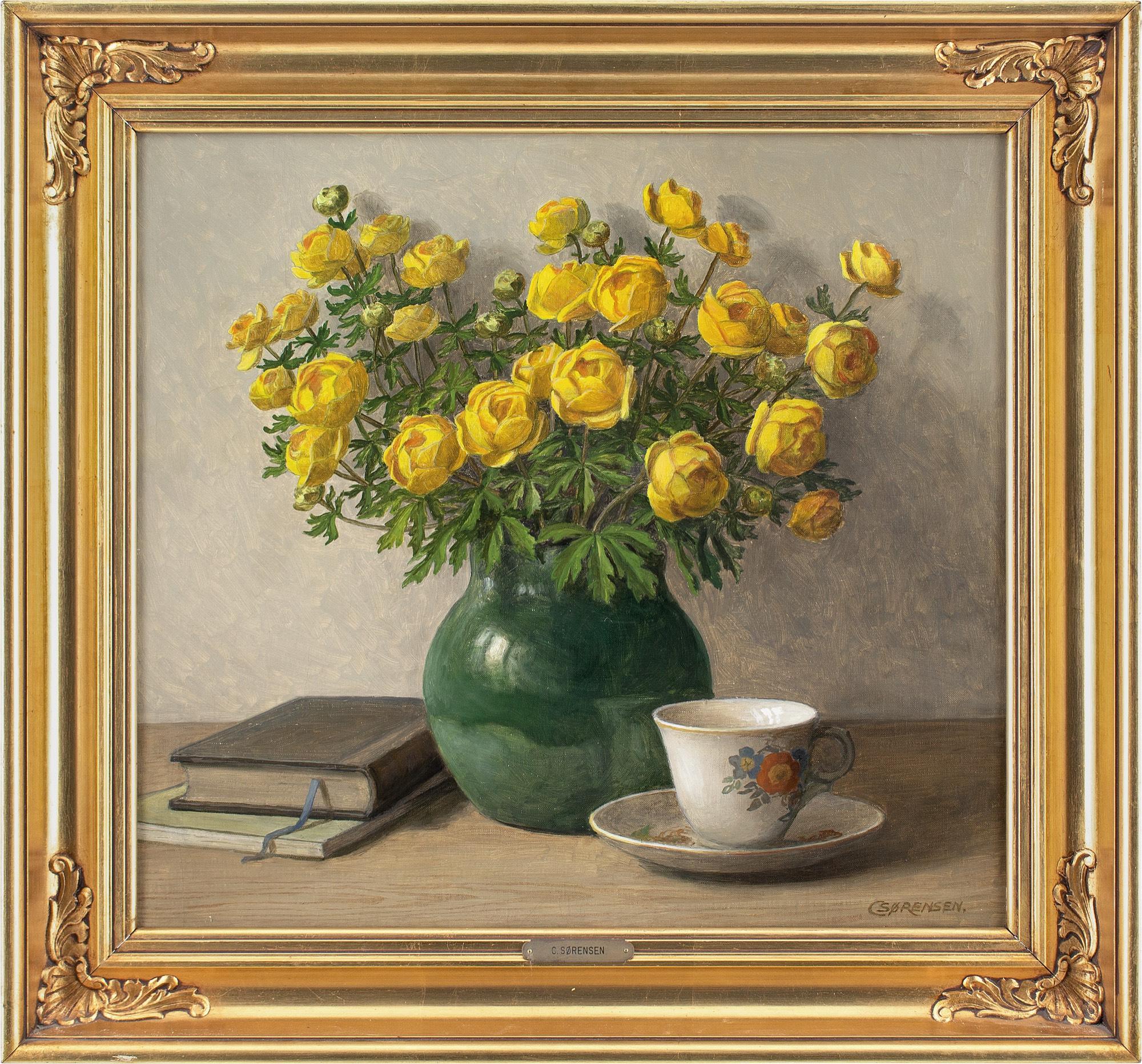 This charming early 20th-century oil painting by Danish artist C Sørensen depicts an arrangement of trollius with a vase, tea cup and books.

Little is known about C Sørensen, which is unusual given their evident skill. They worked predominantly