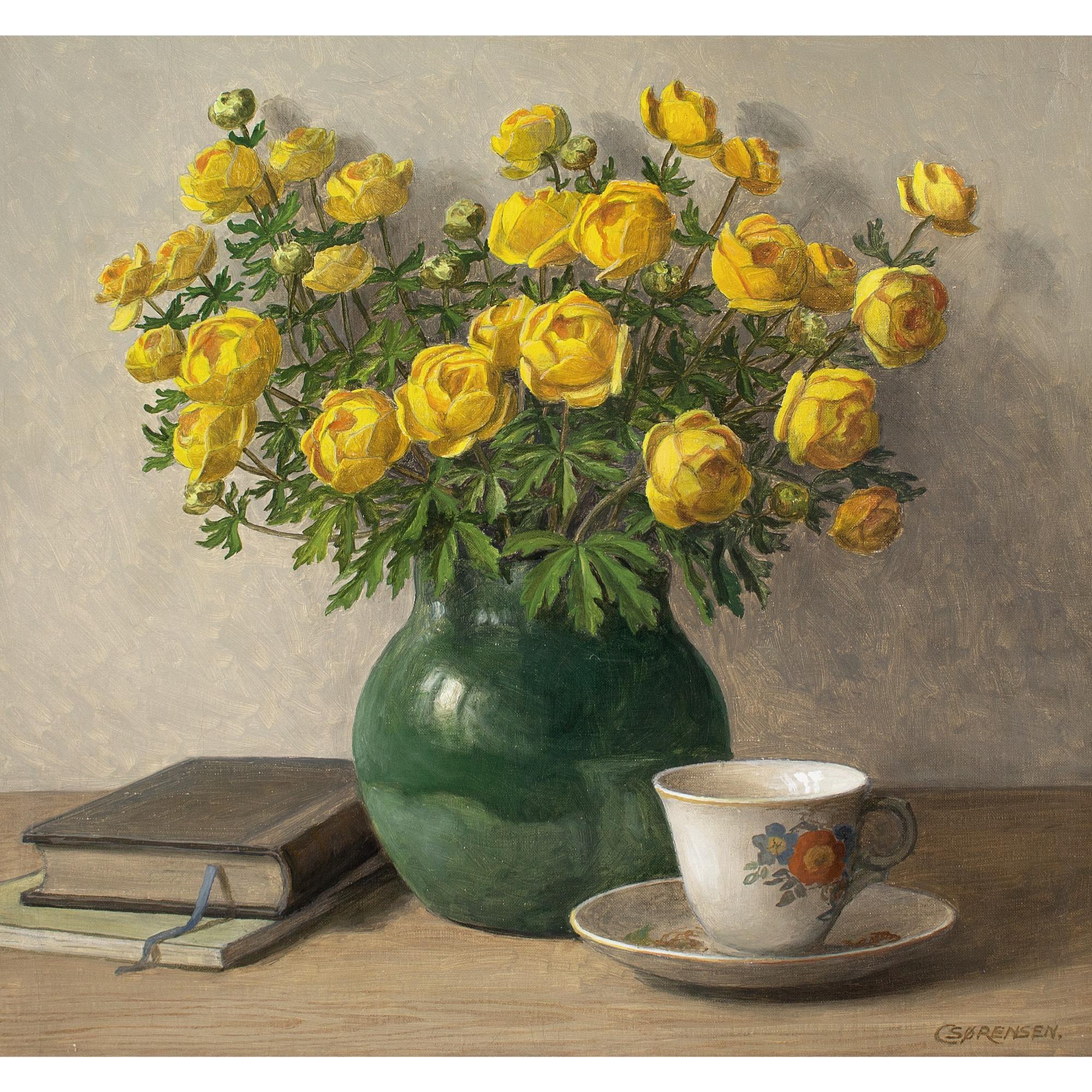 C Sørensen, Still Life With Trollius, Tea Cup & Books, Oil Painting For Sale 1