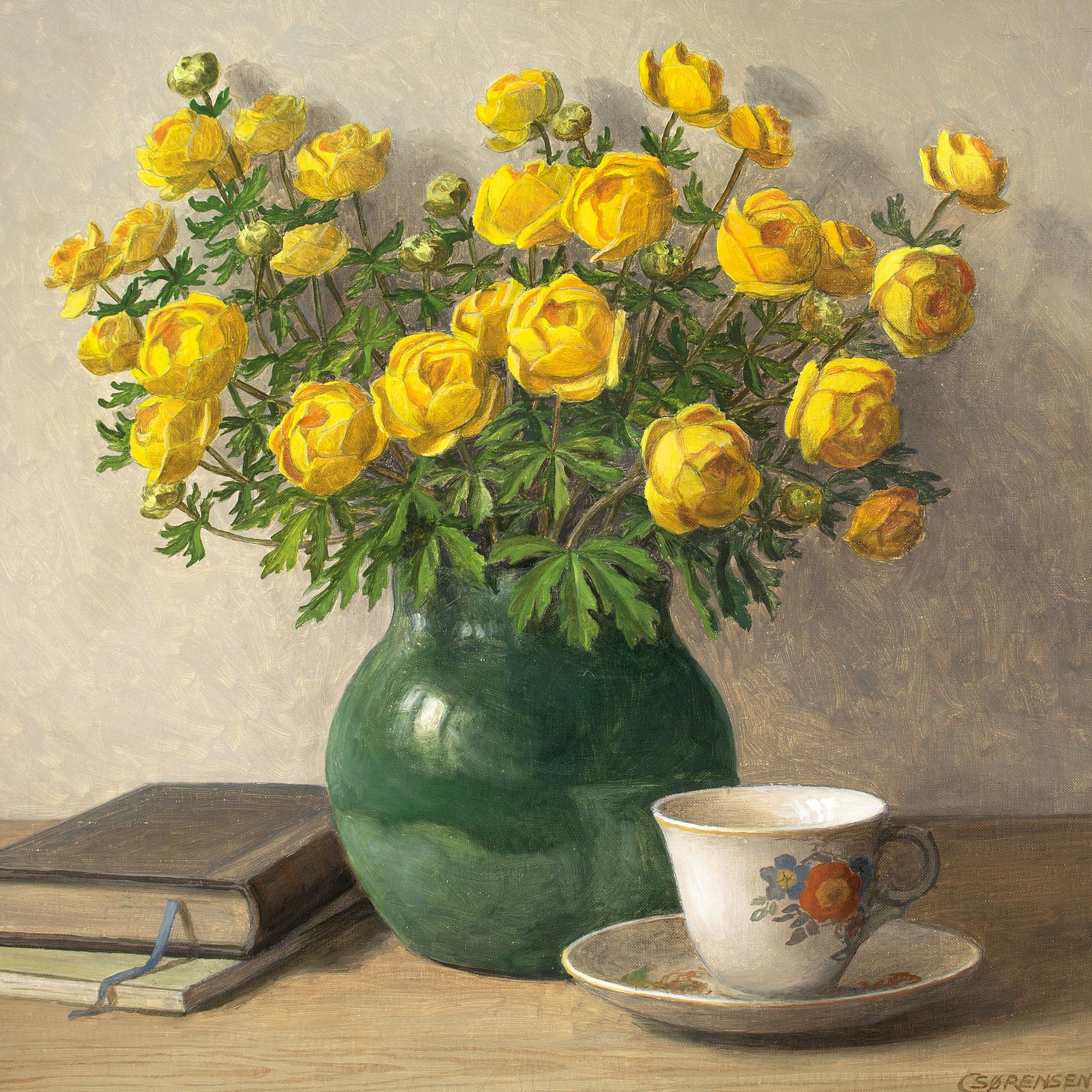 C Sørensen, Still Life With Trollius, Tea Cup & Books, Oil Painting For Sale 4