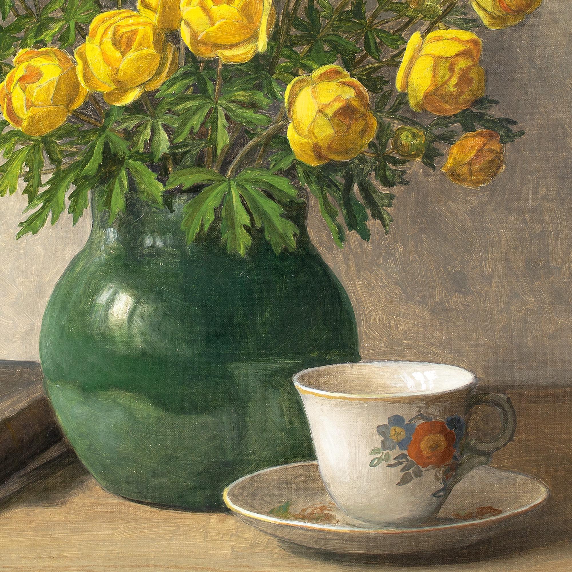 C Sørensen, Still Life With Trollius, Tea Cup & Books, Oil Painting For Sale 5